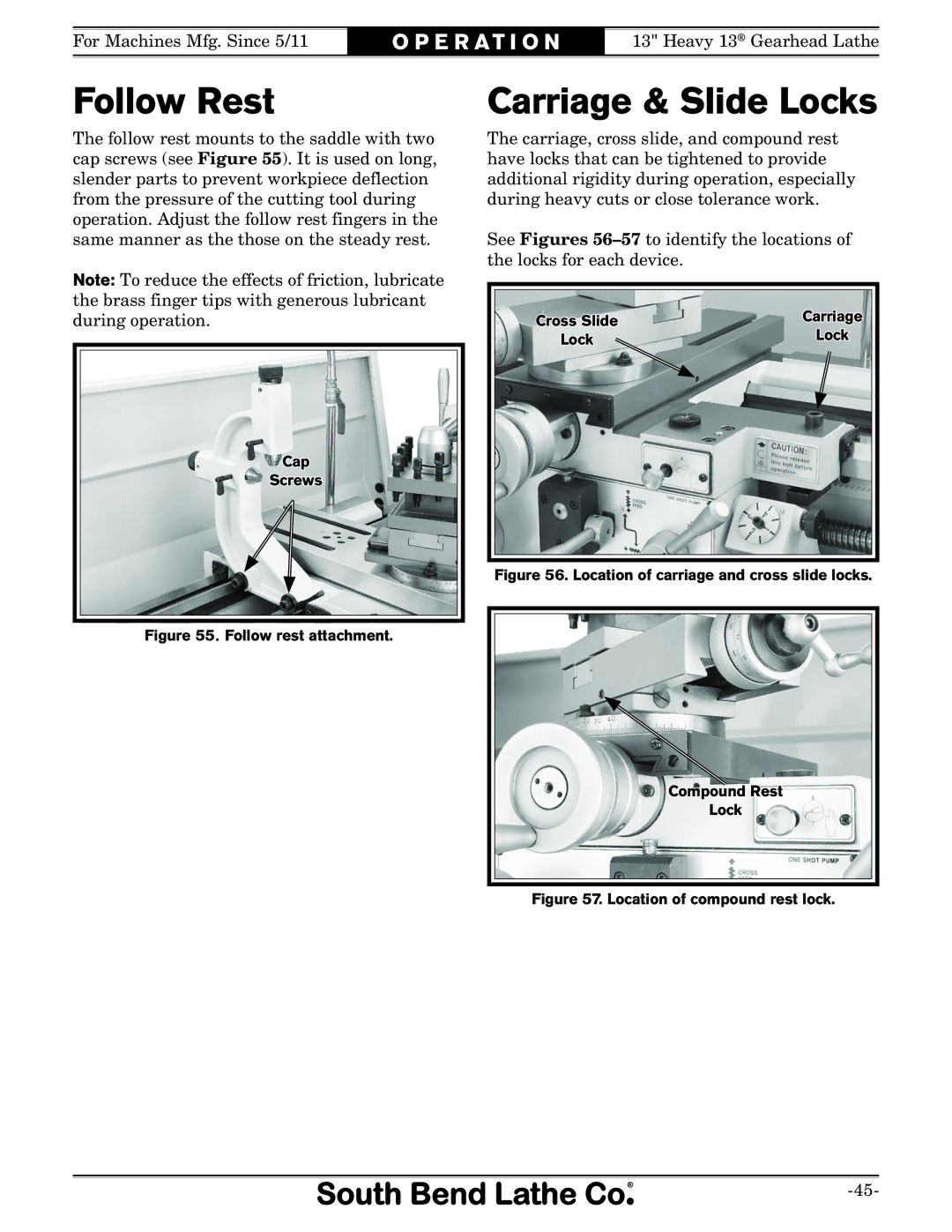 Southbend SB owner manual Follow Rest, Carriage & Slide Locks 