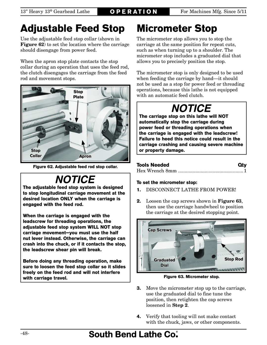 Southbend SB owner manual Adjustable Feed Stop, Micrometer Stop, To set the micrometer stop 