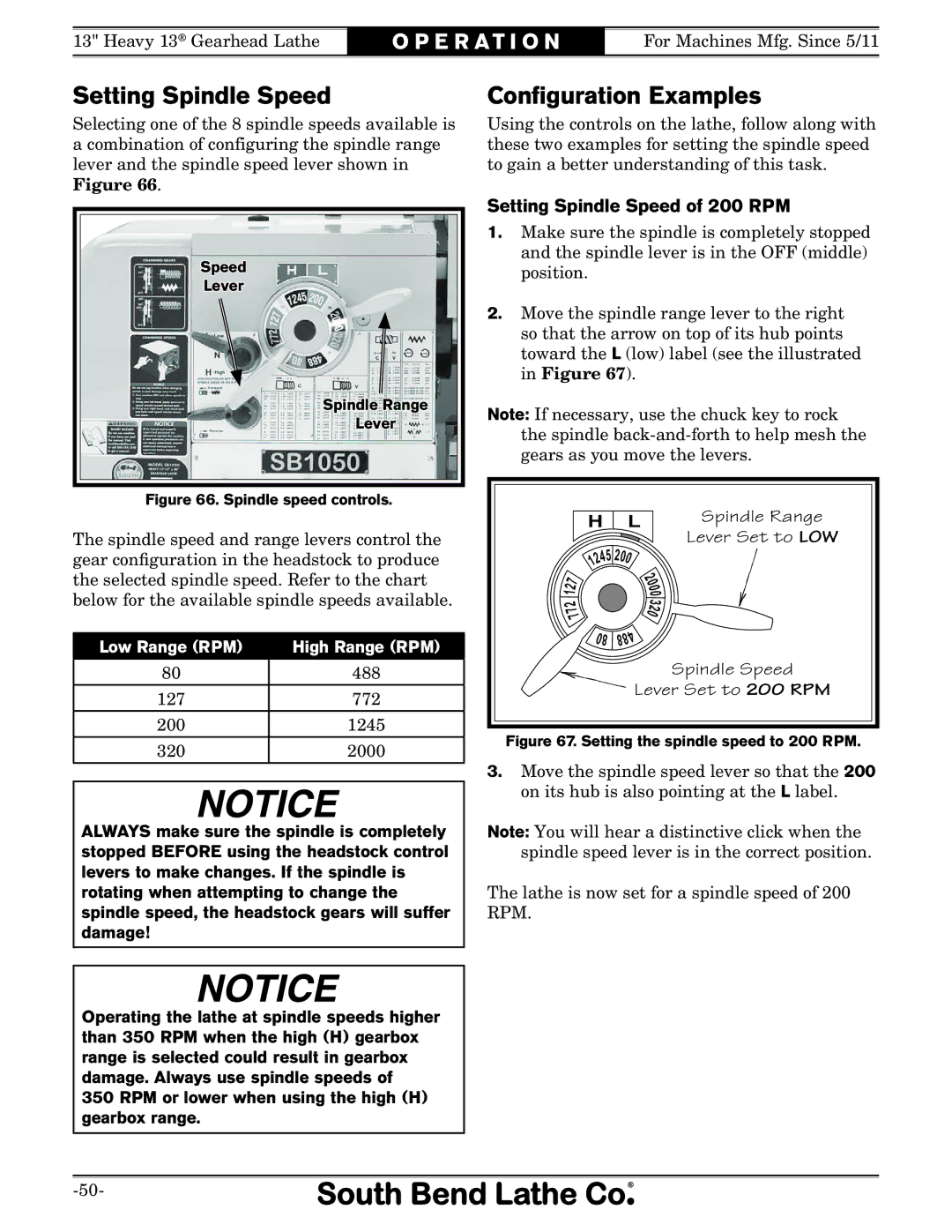 Southbend SB owner manual Conﬁguration Examples, Setting Spindle Speed of 200 RPM 