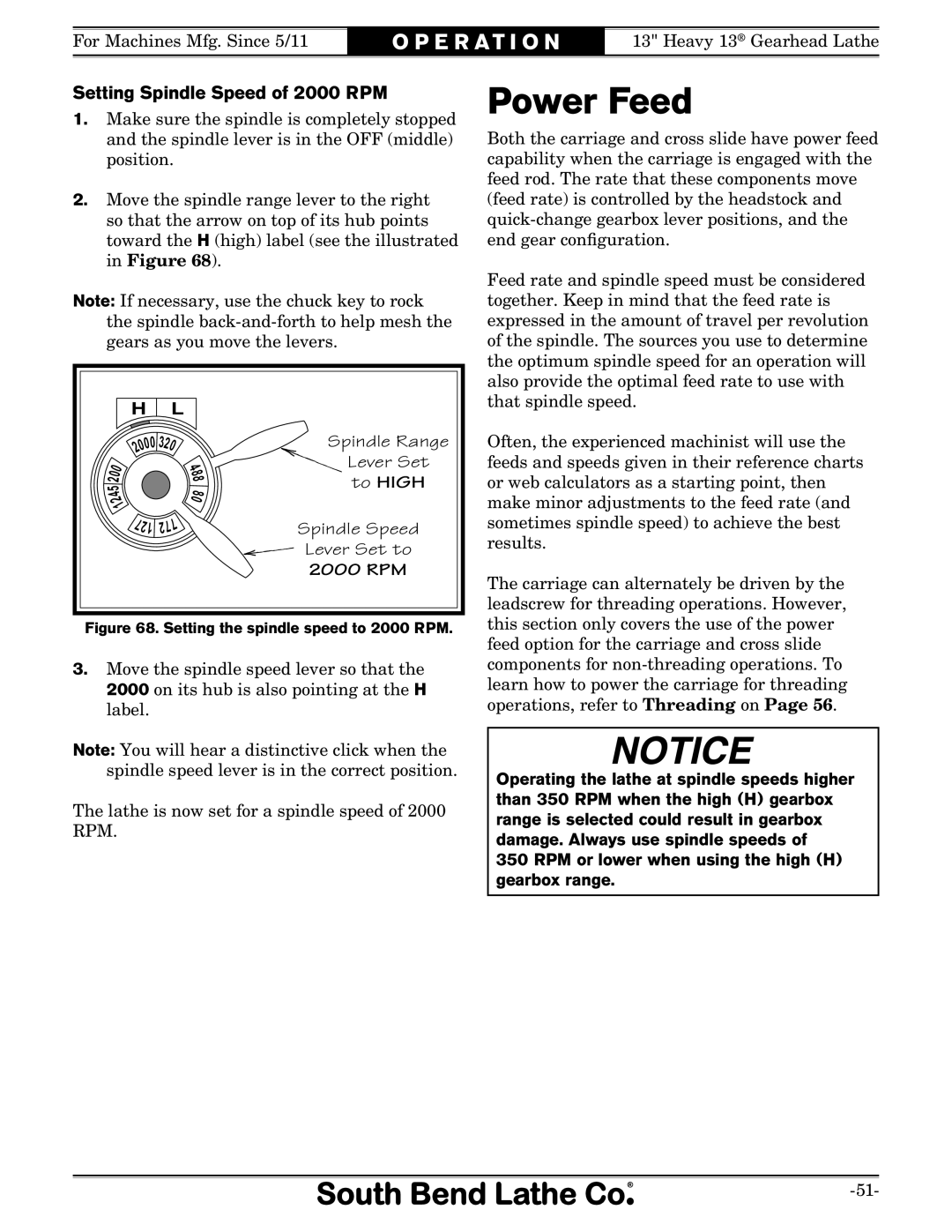 Southbend SB owner manual Power Feed, Setting Spindle Speed of 2000 RPM, To High 