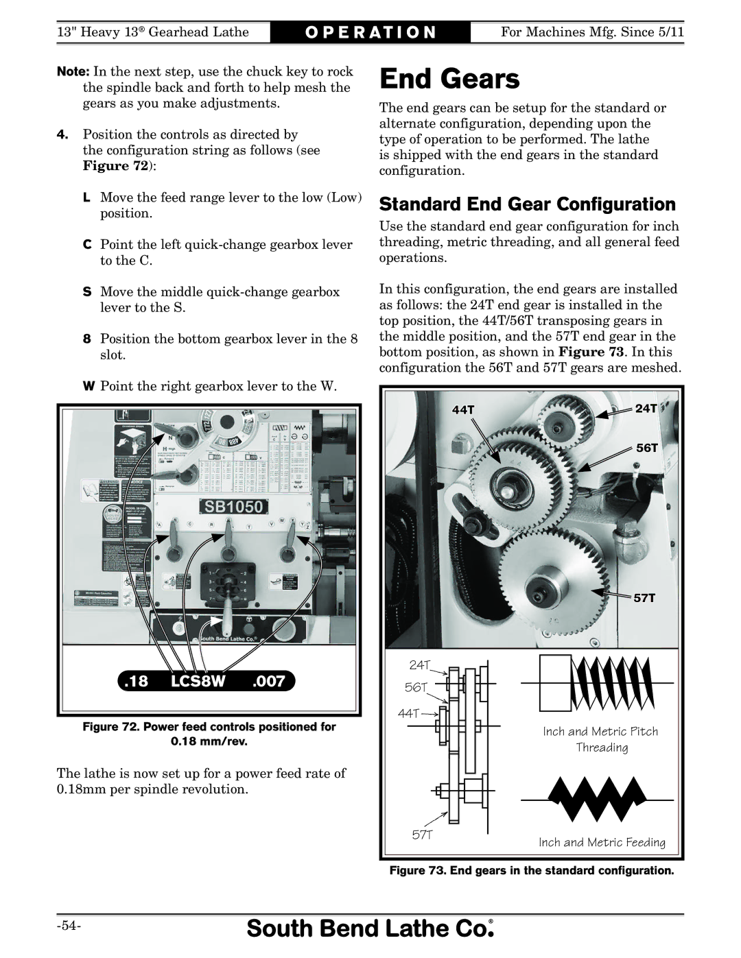 Southbend SB owner manual End Gears, Standard End Gear Conﬁguration, 24T 56T 44T, 57T 