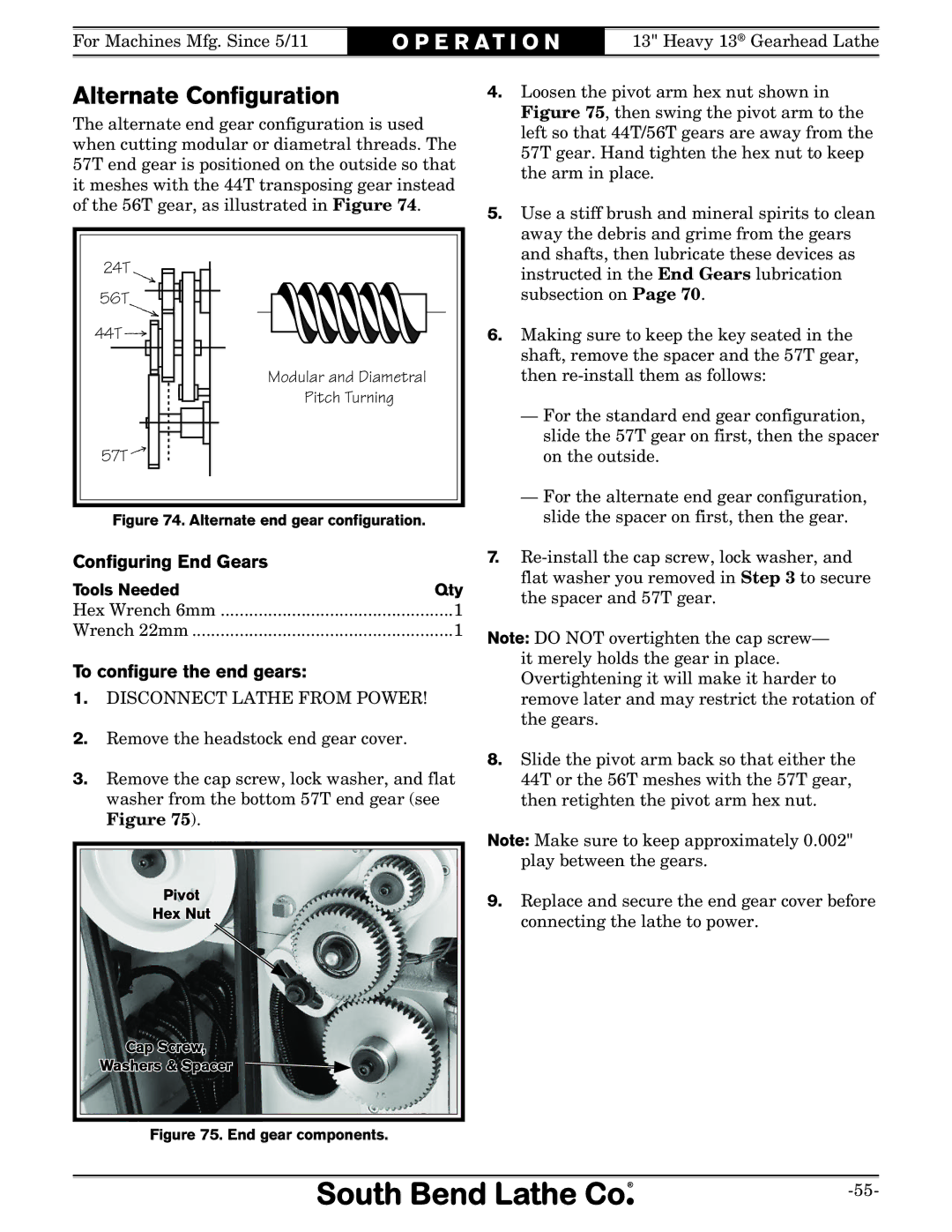 Southbend SB owner manual Alternate Conﬁguration, Conﬁguring End Gears, To conﬁgure the end gears, Tools Needed Qty 