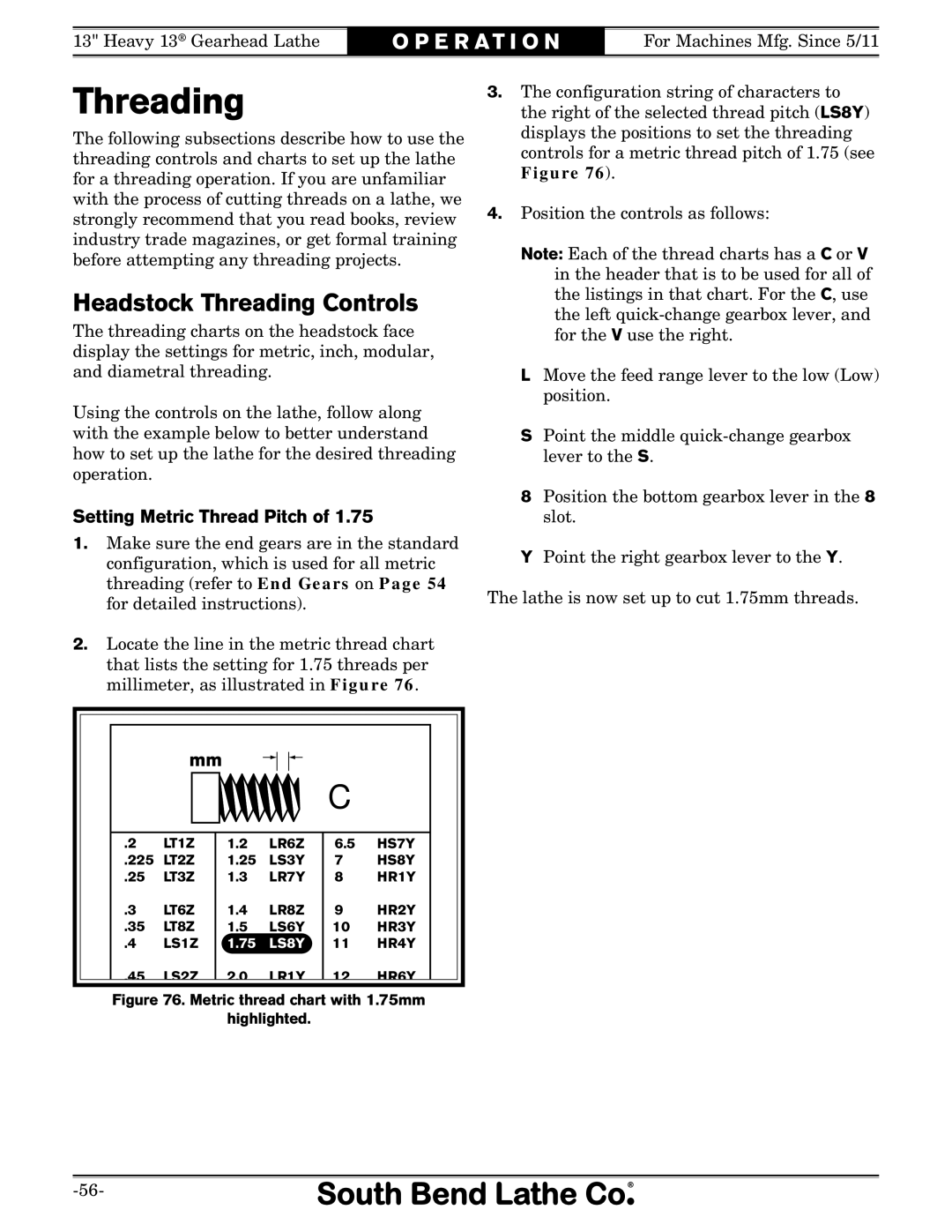 Southbend SB owner manual Headstock Threading Controls, Setting Metric Thread Pitch 