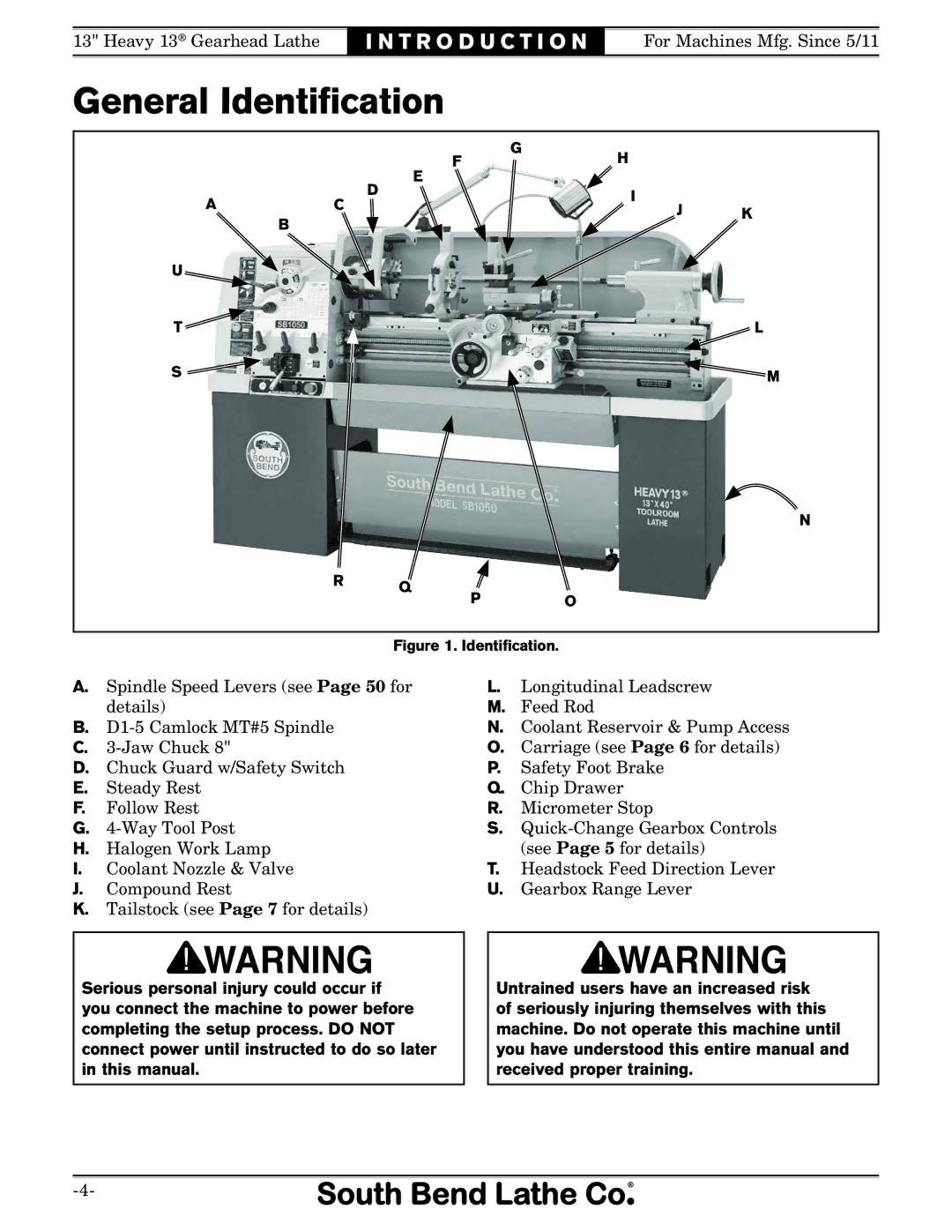 Southbend SB owner manual General Identiﬁcation, Identification 