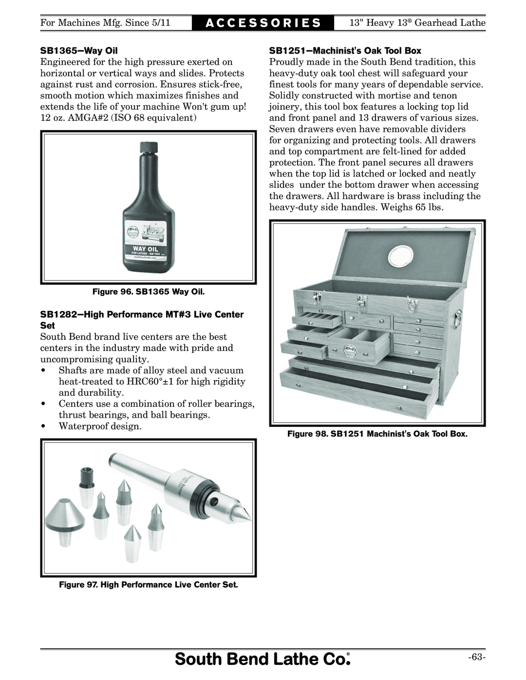 Southbend owner manual SB1365-Way Oil, SB1251-Machinists Oak Tool Box, SB1282-High Performance MT#3 Live Center Set 