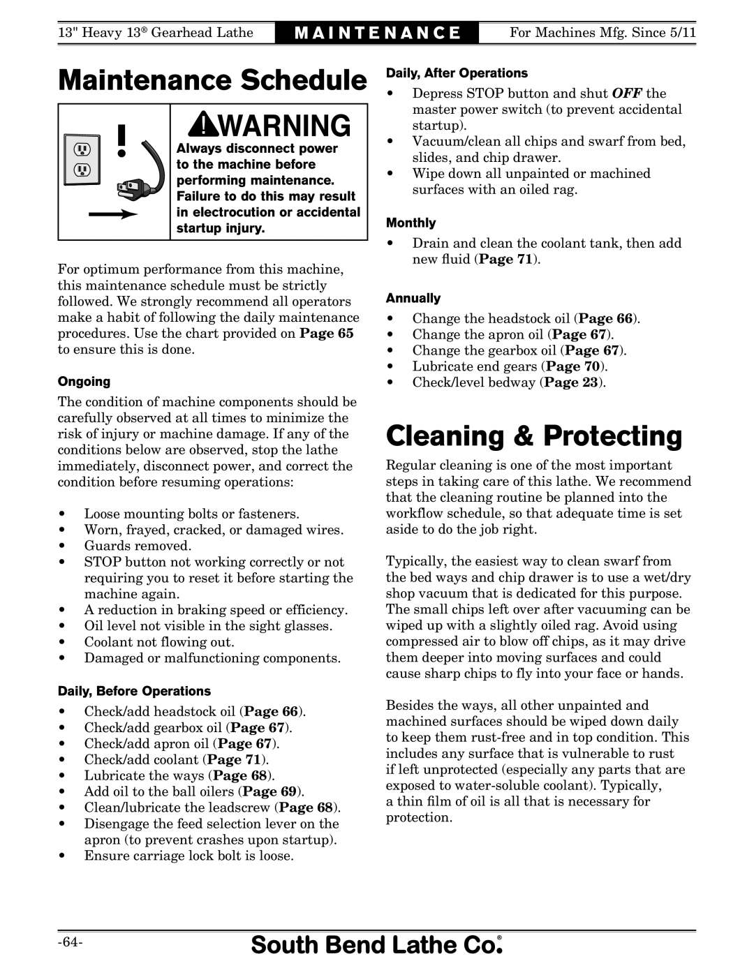 Southbend SB owner manual Maintenance Schedule 