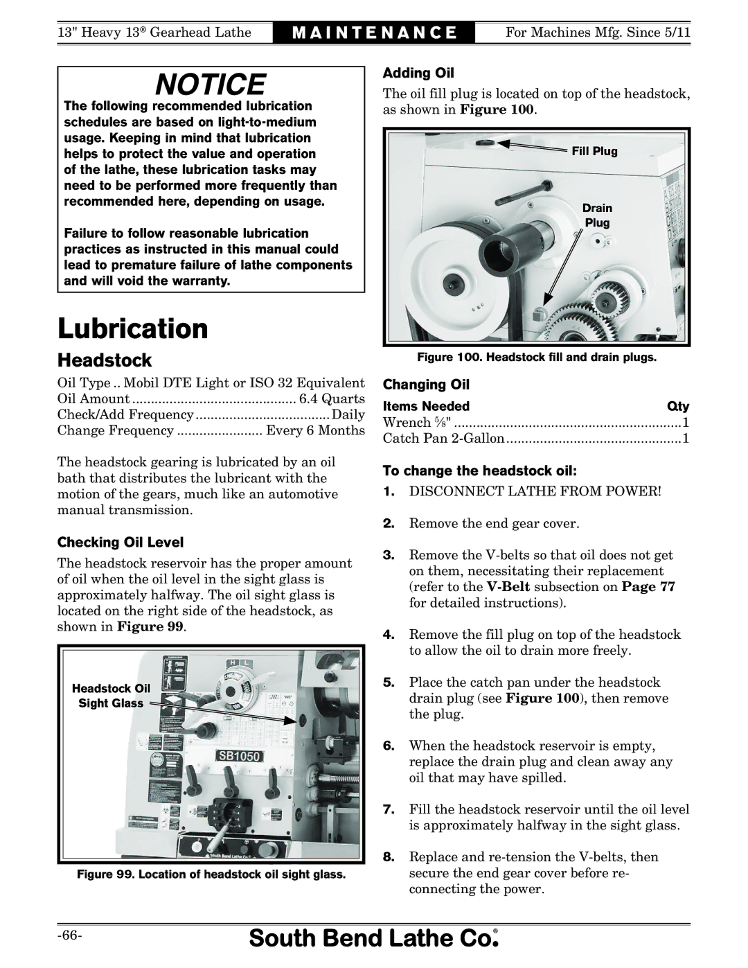 Southbend SB owner manual Lubrication, Checking Oil Level, Adding Oil, Changing Oil, To change the headstock oil 