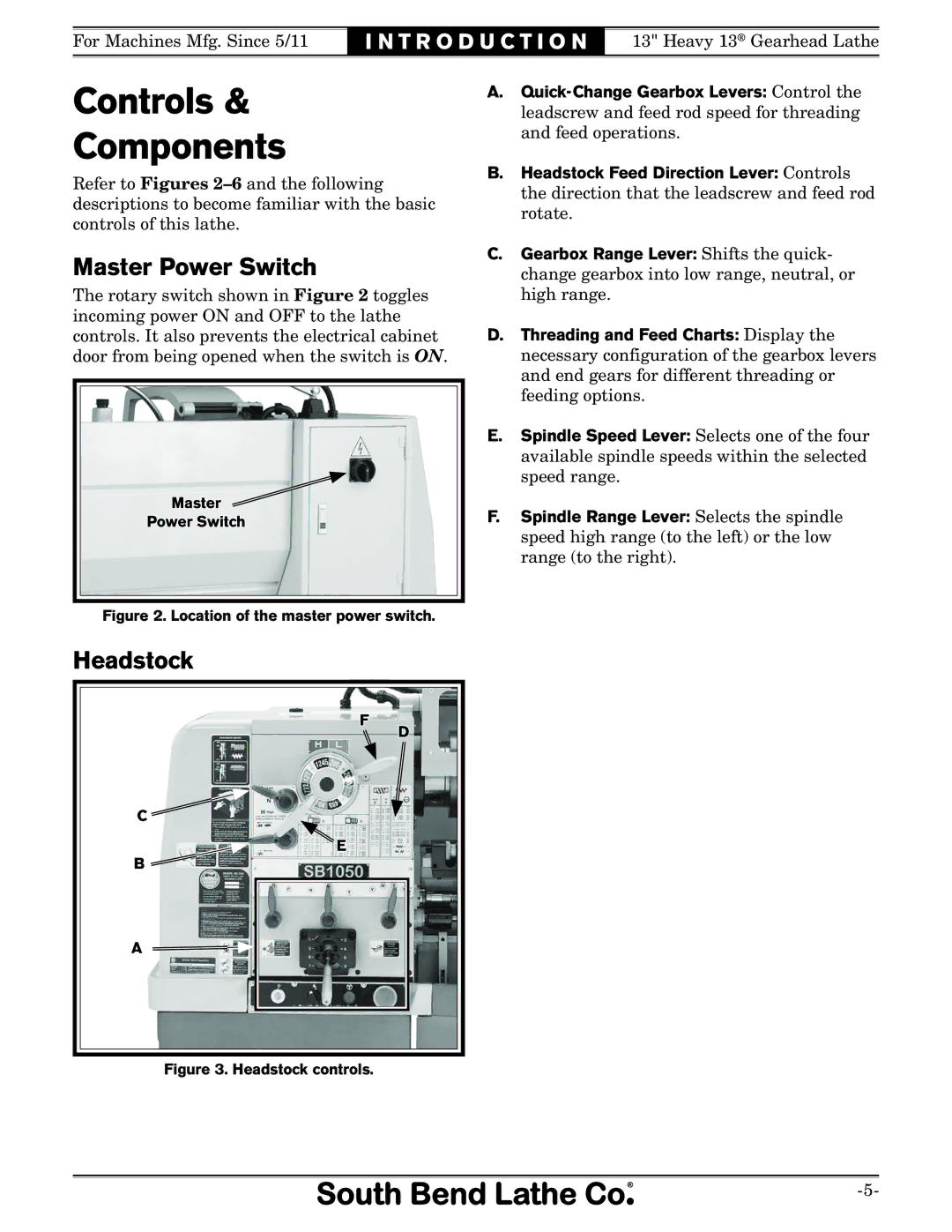 Southbend SB owner manual Controls Components, Master Power Switch, Headstock 