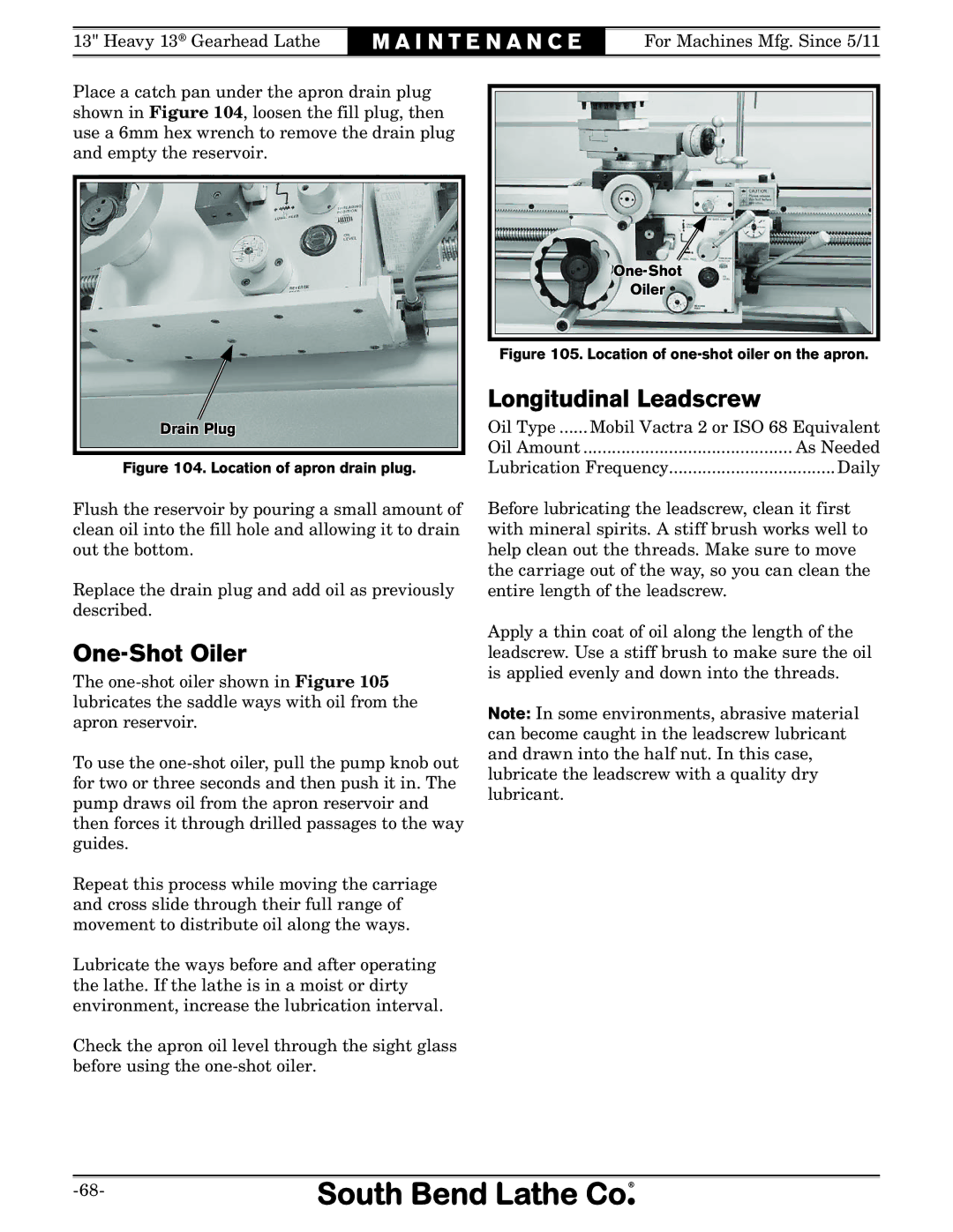 Southbend SB owner manual One-Shot Oiler, Longitudinal Leadscrew 