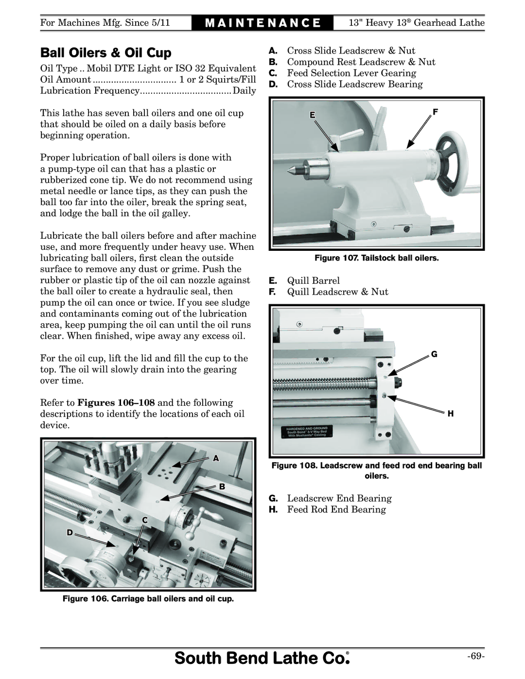 Southbend SB owner manual Ball Oilers & Oil Cup, Tailstock ball oilers 