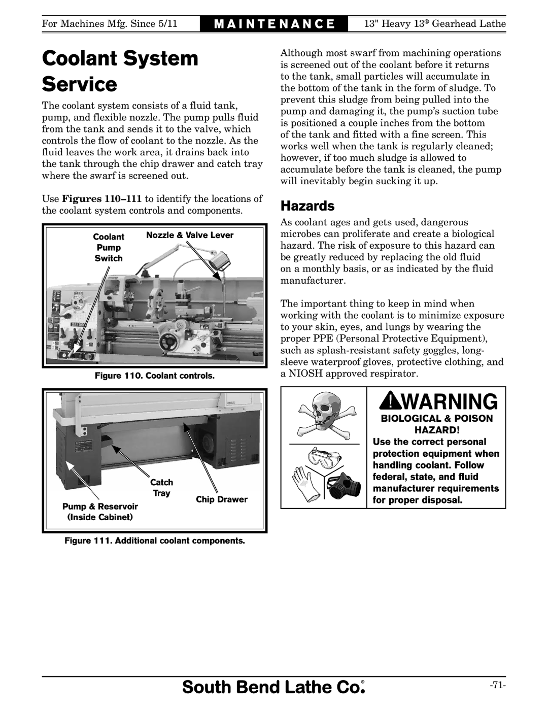 Southbend SB owner manual Coolant System Service, Hazards, For proper disposal 