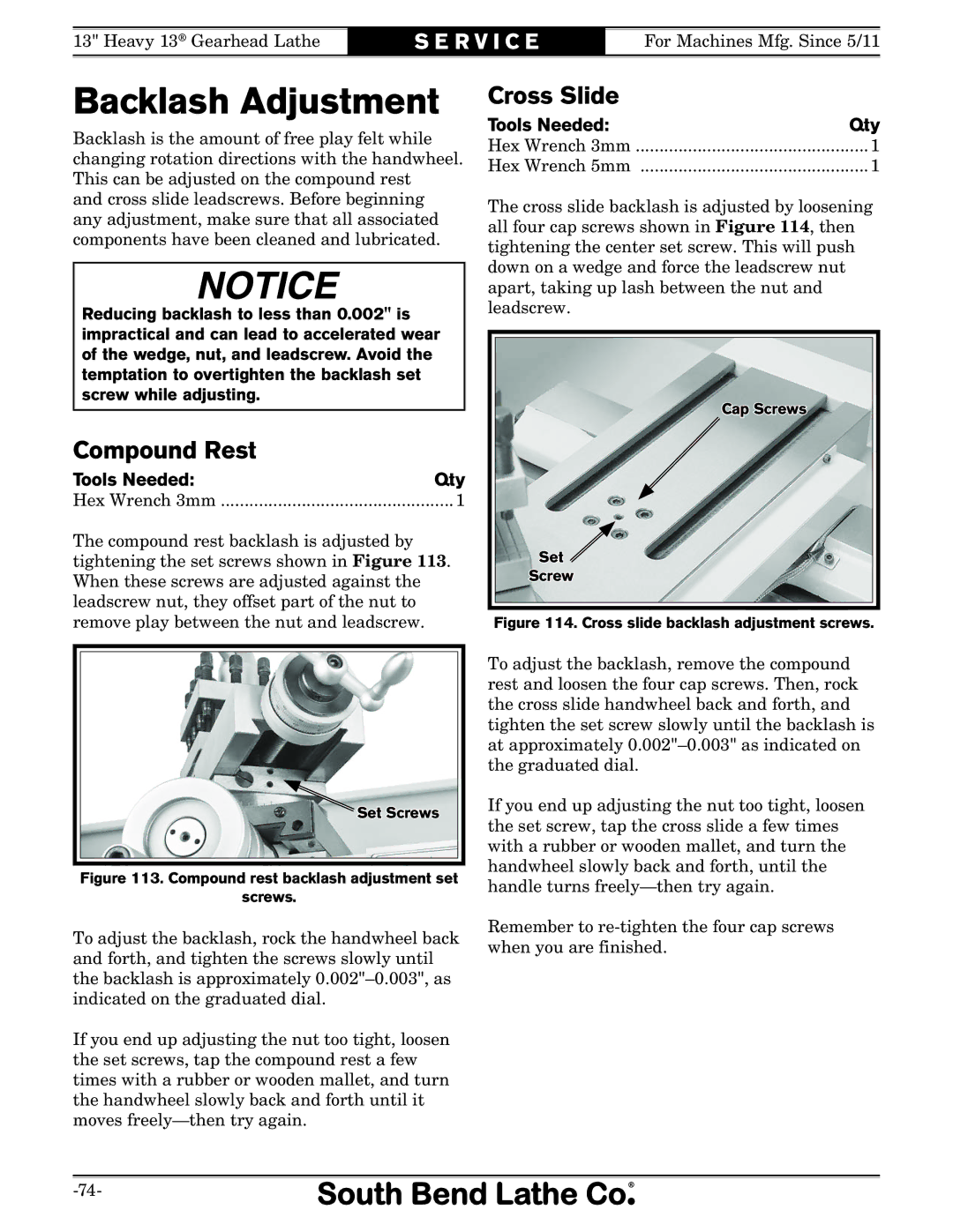 Southbend SB owner manual Backlash Adjustment, Compound Rest, Cross Slide 