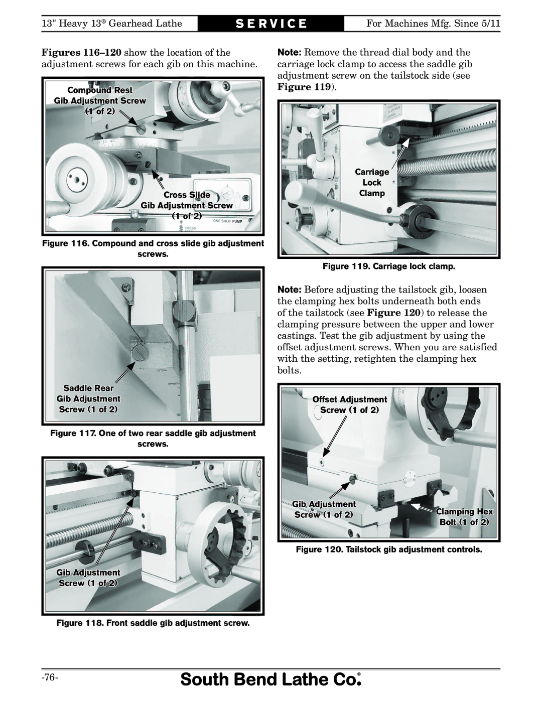 Southbend SB owner manual Front saddle gib adjustment screw Carriage Lock Clamp 