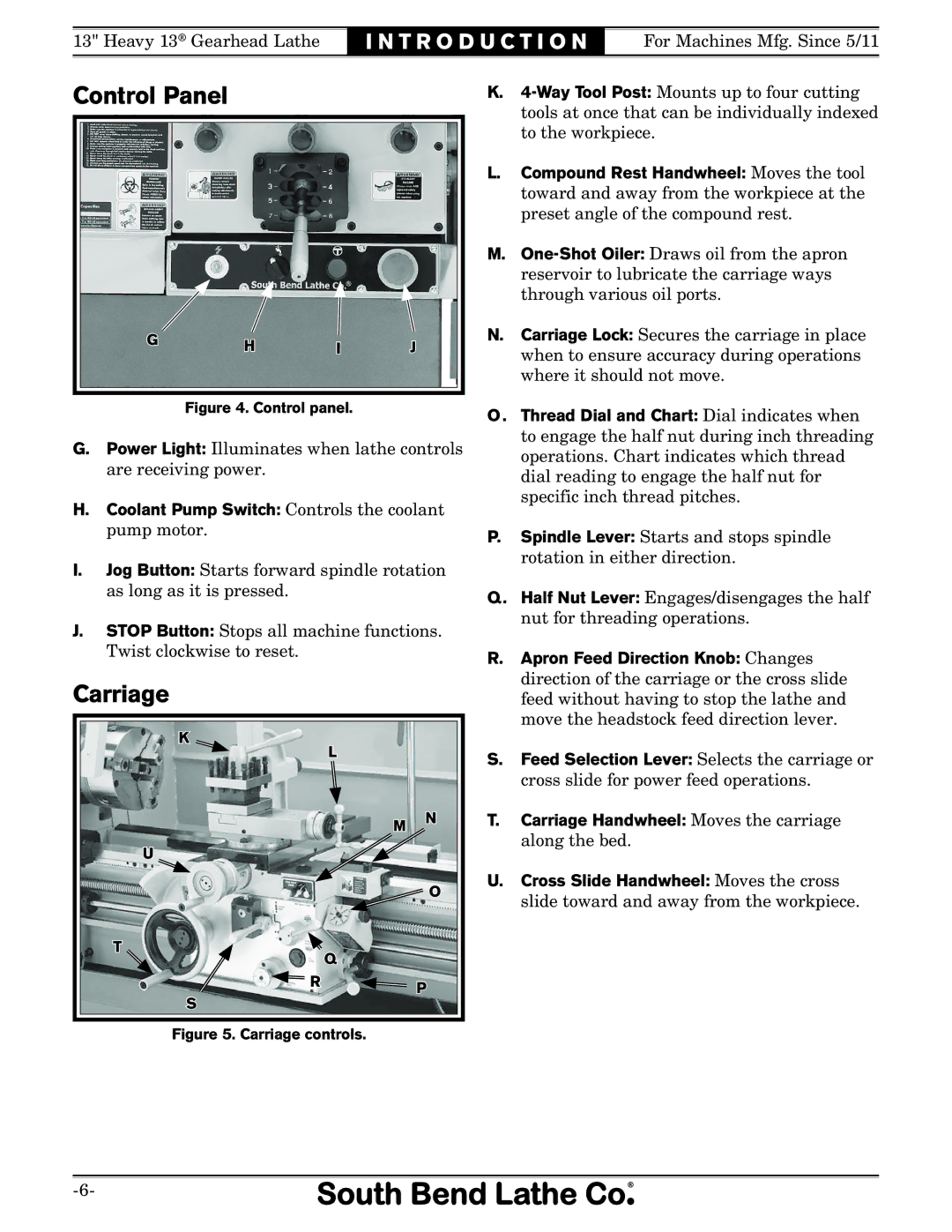 Southbend SB owner manual Control Panel, Carriage 