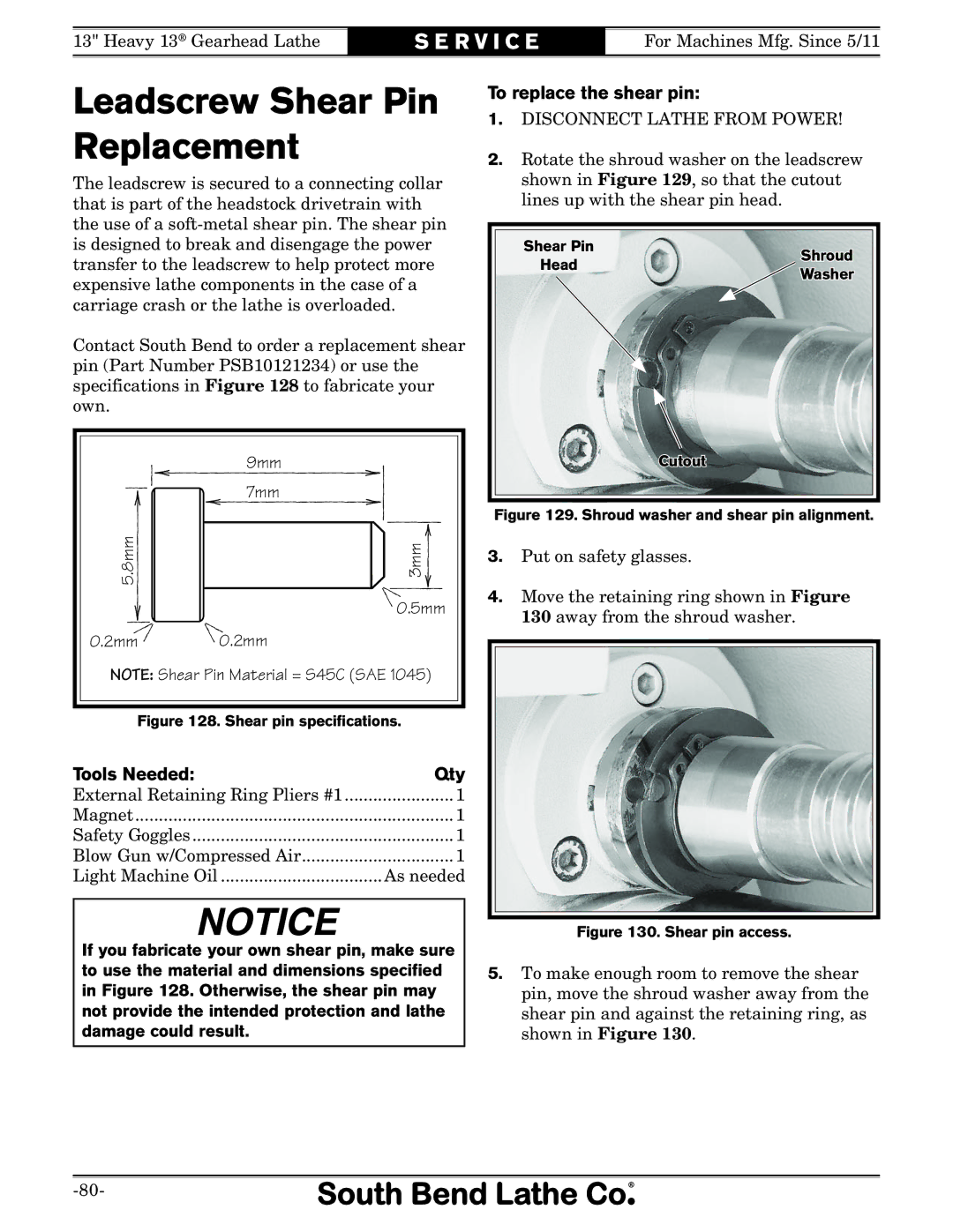 Southbend SB owner manual Leadscrew Shear Pin Replacement, To replace the shear pin 