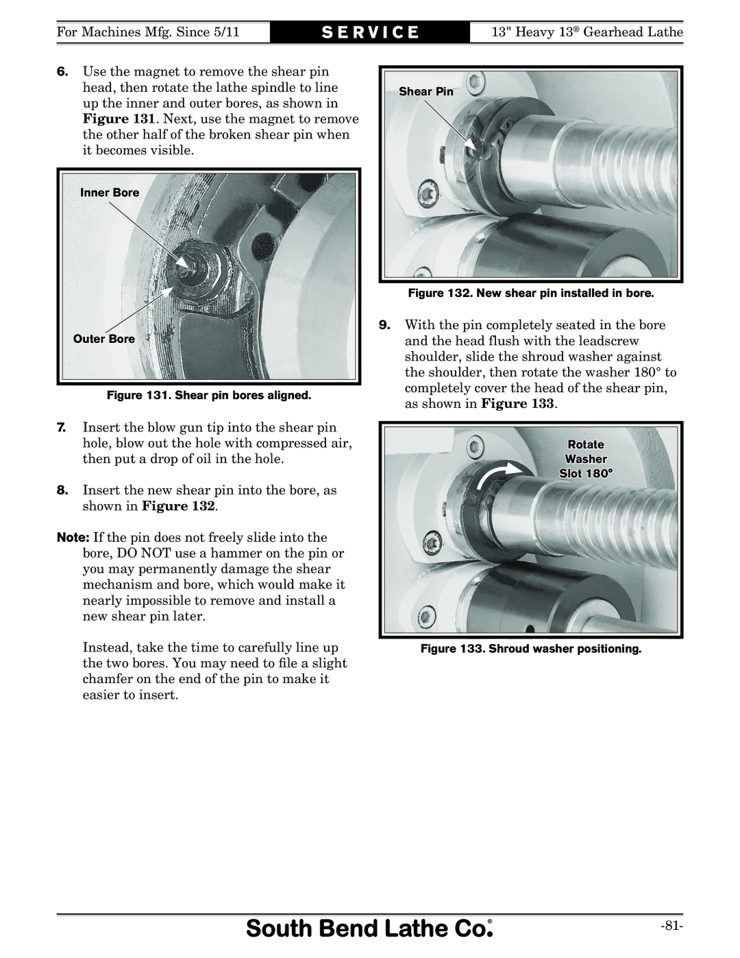 Southbend SB owner manual Shear pin bores aligned 