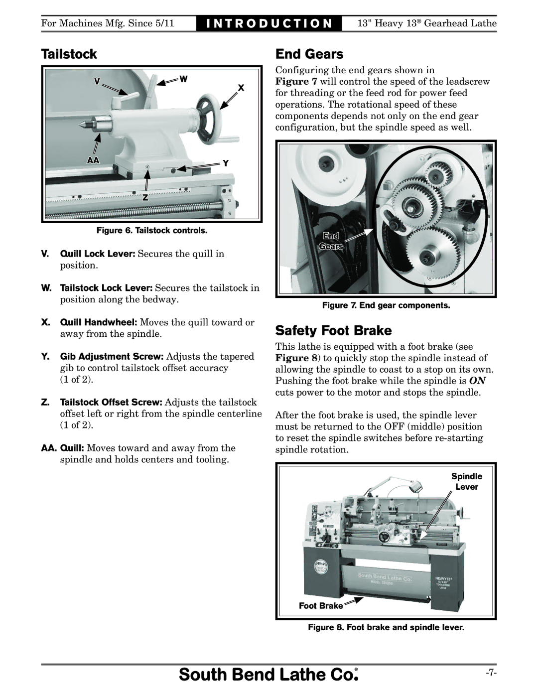 Southbend SB owner manual Tailstock, End Gears, Safety Foot Brake 