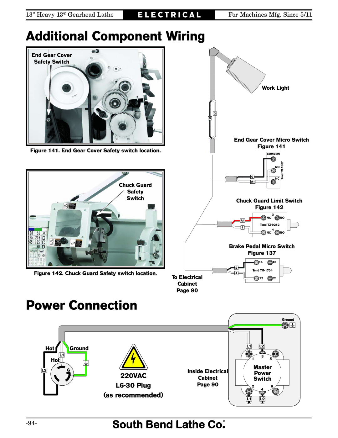 Southbend SB owner manual Additional Component Wiring, End Gear Cover Safety switch location Chuck Guard Switch 