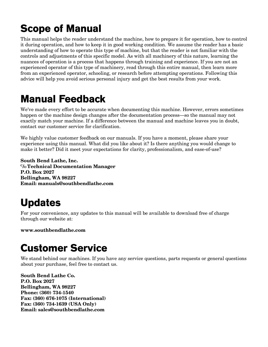 Southbend SB Scope of Manual, Manual Feedback, Updates, Customer Service, Bellingham, WA Email manuals@southbendlathe.com 
