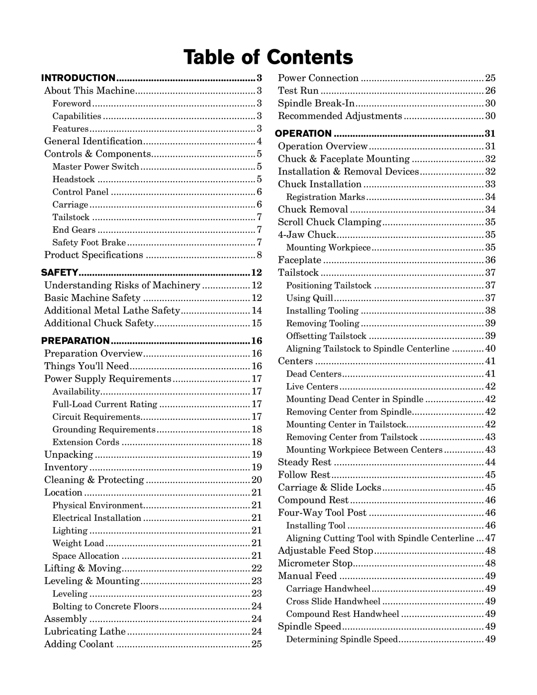 Southbend SB owner manual Table of Contents, Introduction, Safety, Preparation, Operation 