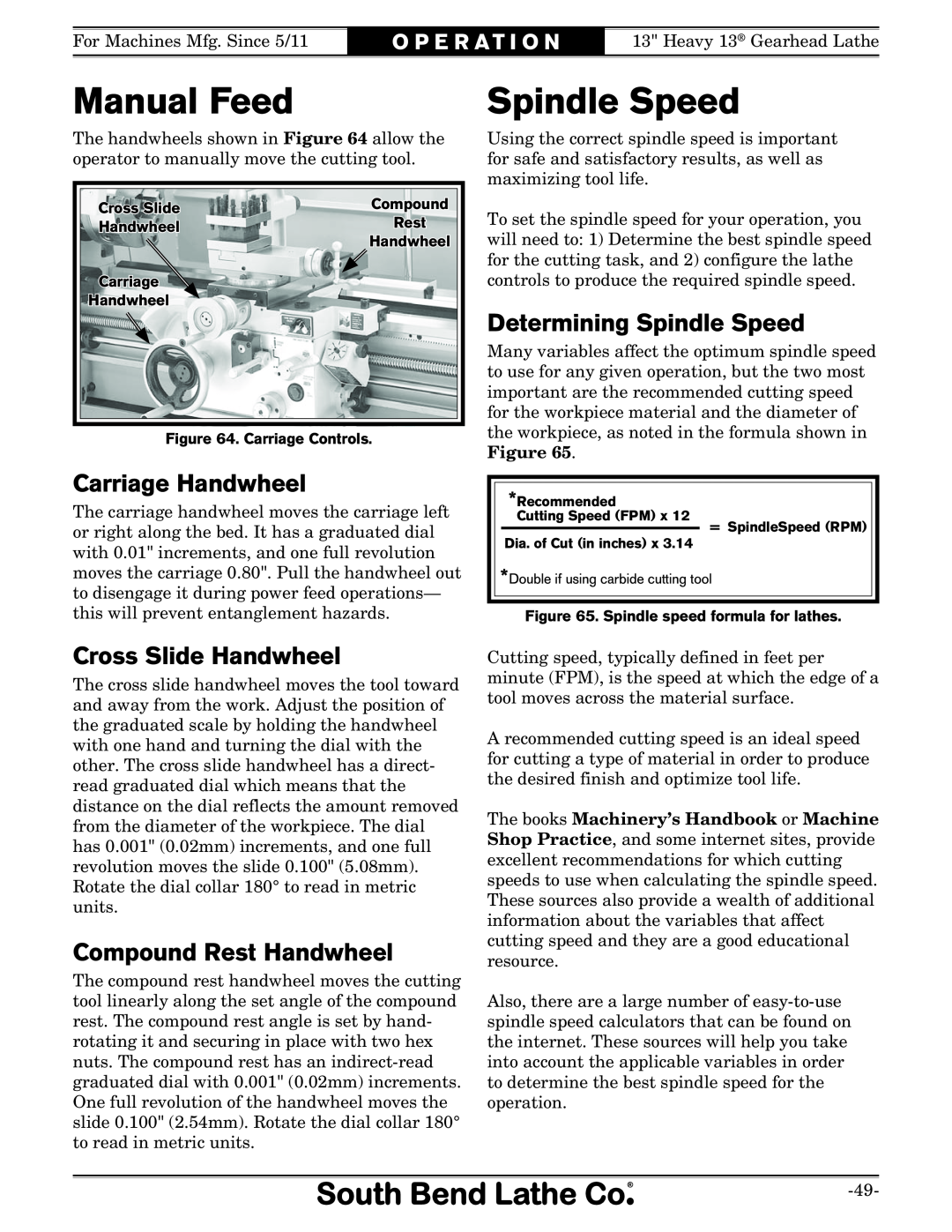 Southbend SB owner manual Manual Feed, Spindle Speed, Carriage Handwheel, Cross Slide Handwheel, Compound Rest Handwheel 