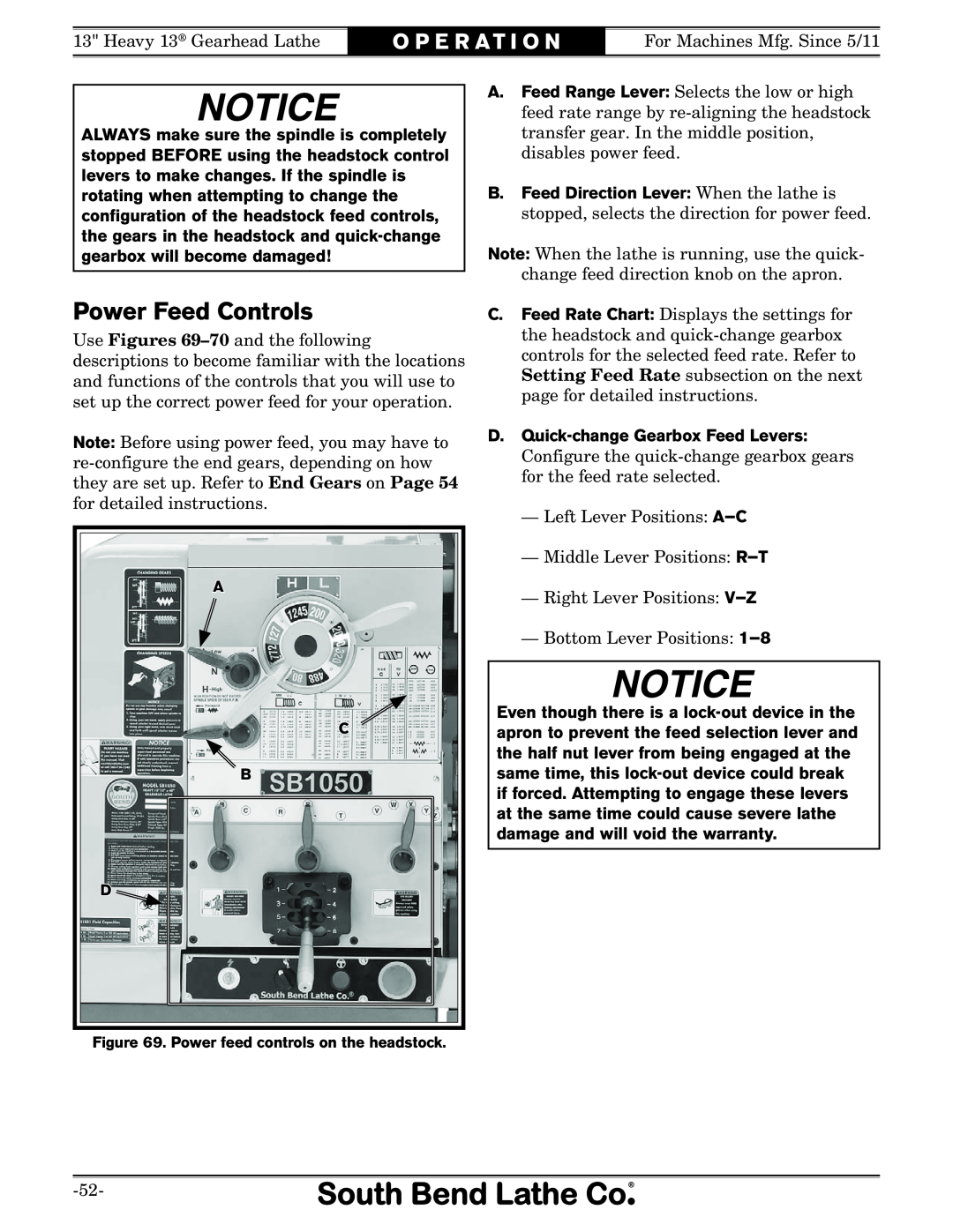Southbend SB owner manual Power Feed Controls, D. Quick-change Gearbox Feed Levers, O P E R A T I O N 