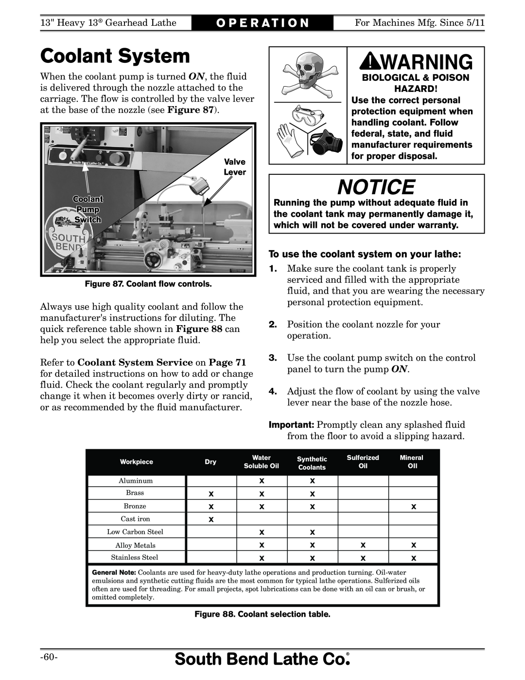 Southbend SB Coolant System, To use the coolant system on your lathe, Biological & Poison Hazard, O P E R A T I O N 