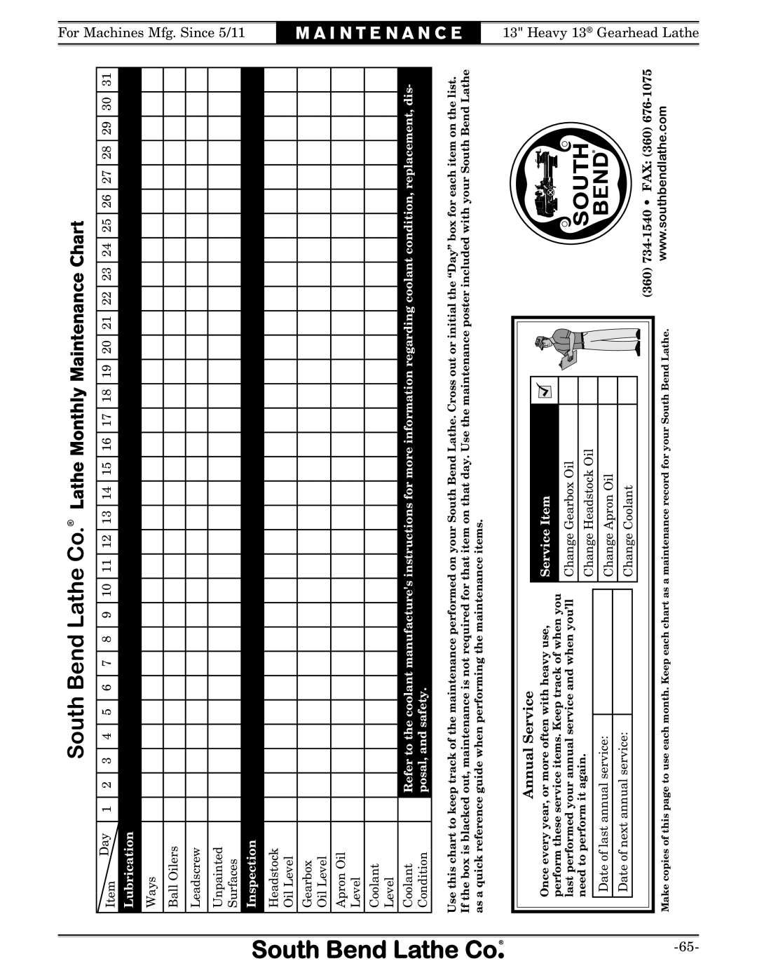 Southbend SB South Bend Lathe Co. Lathe Monthly Maintenance Chart, Annual Service, Lubrication, Inspection, Service Item 