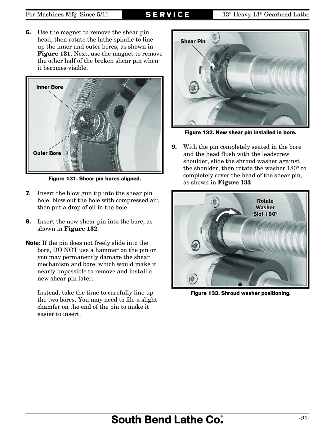 Southbend SB S E R V I C E, Inner Bore Outer Bore . Shear pin bores aligned, Shear Pin . New shear pin installed in bore 