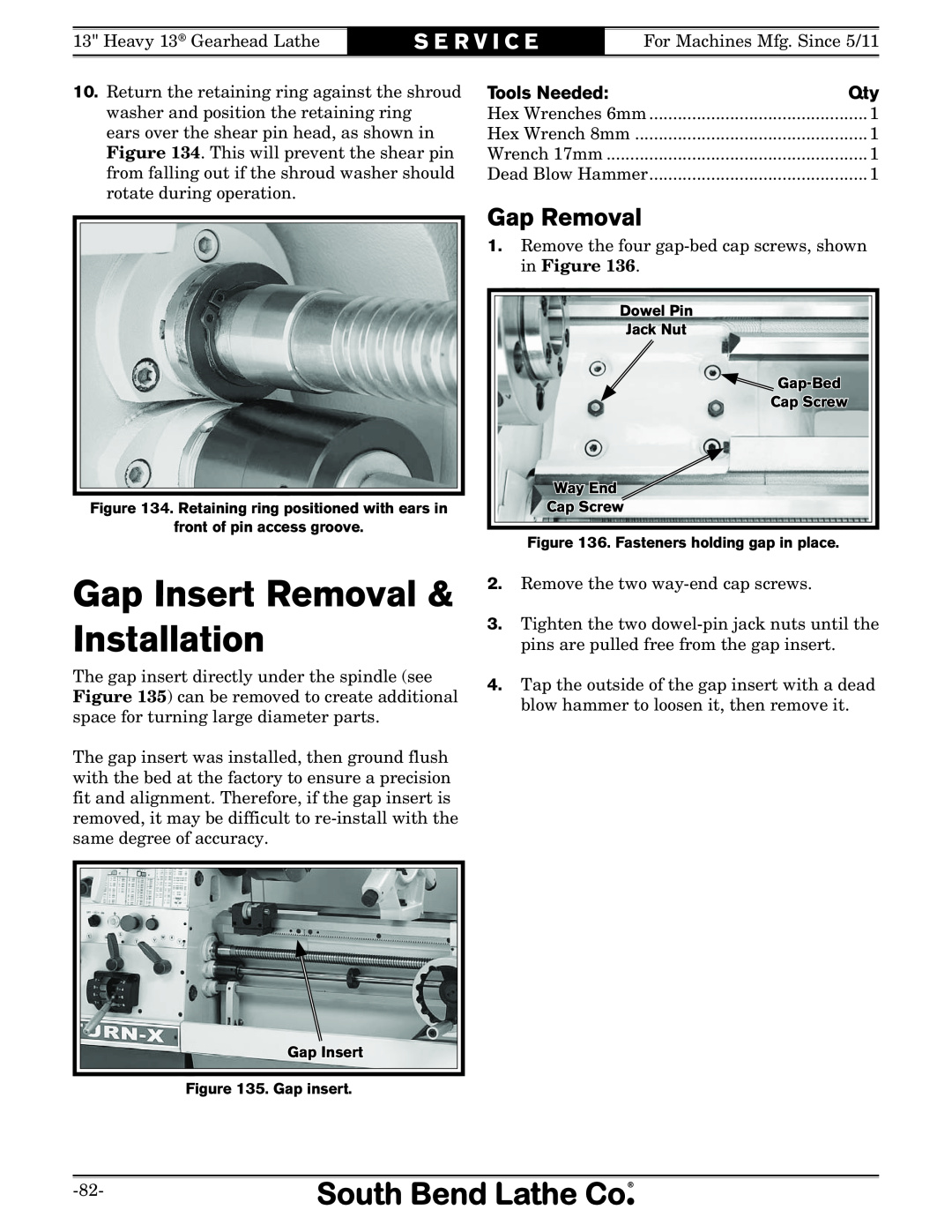 Southbend SB owner manual Gap Insert Removal & Installation, Gap Removal, S E R V I C E, Tools Needed 