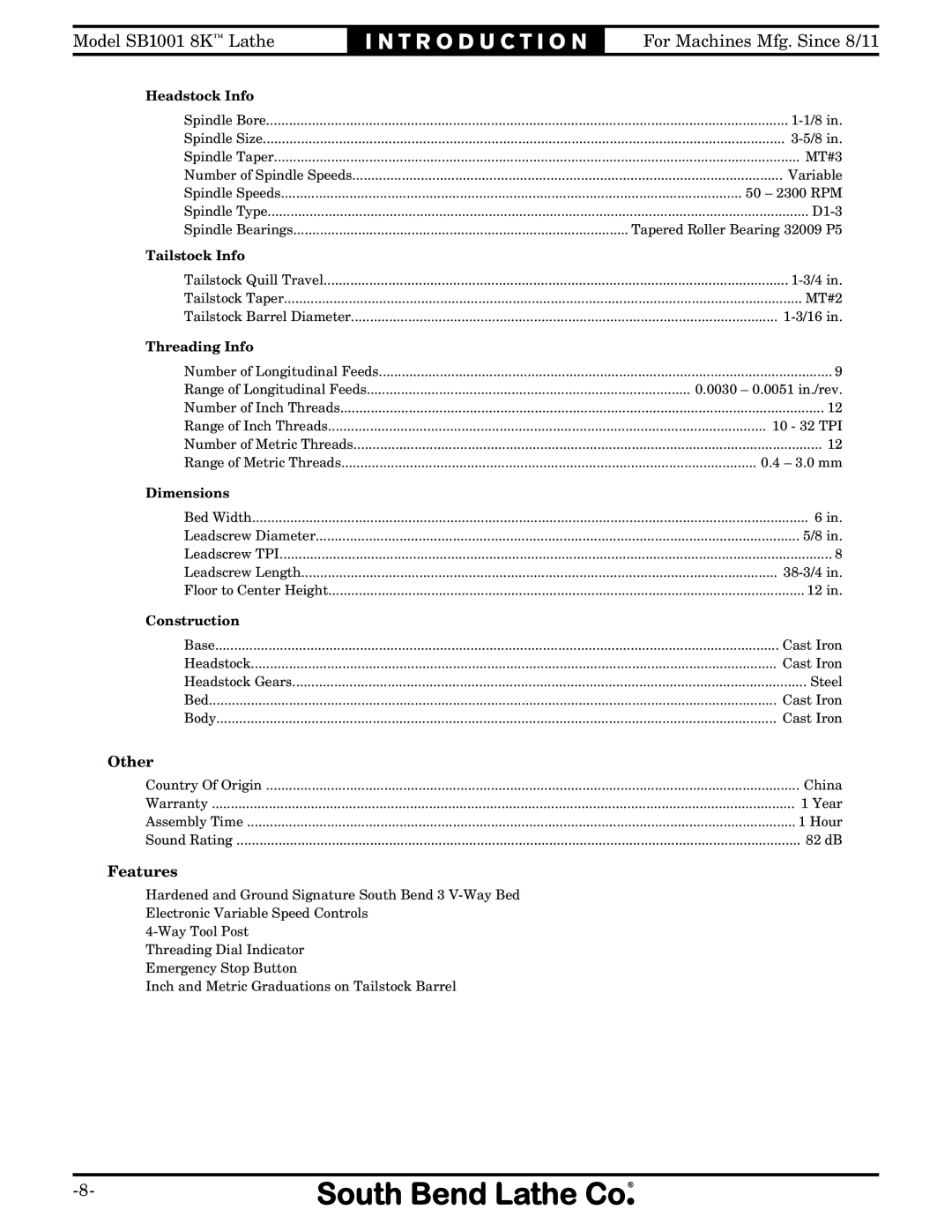 Southbend SB1001 owner manual 704040%2 140 +70 