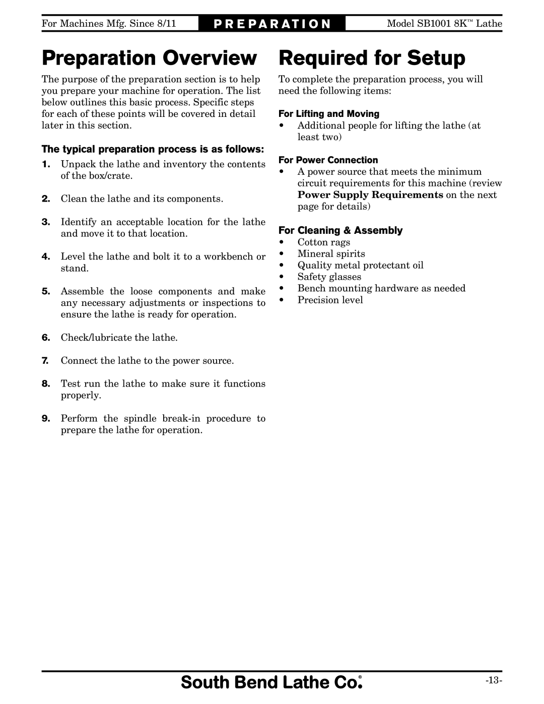 Southbend SB1001 owner manual Preparation Overview, Required for Setup, Typical preparation process is as follows 