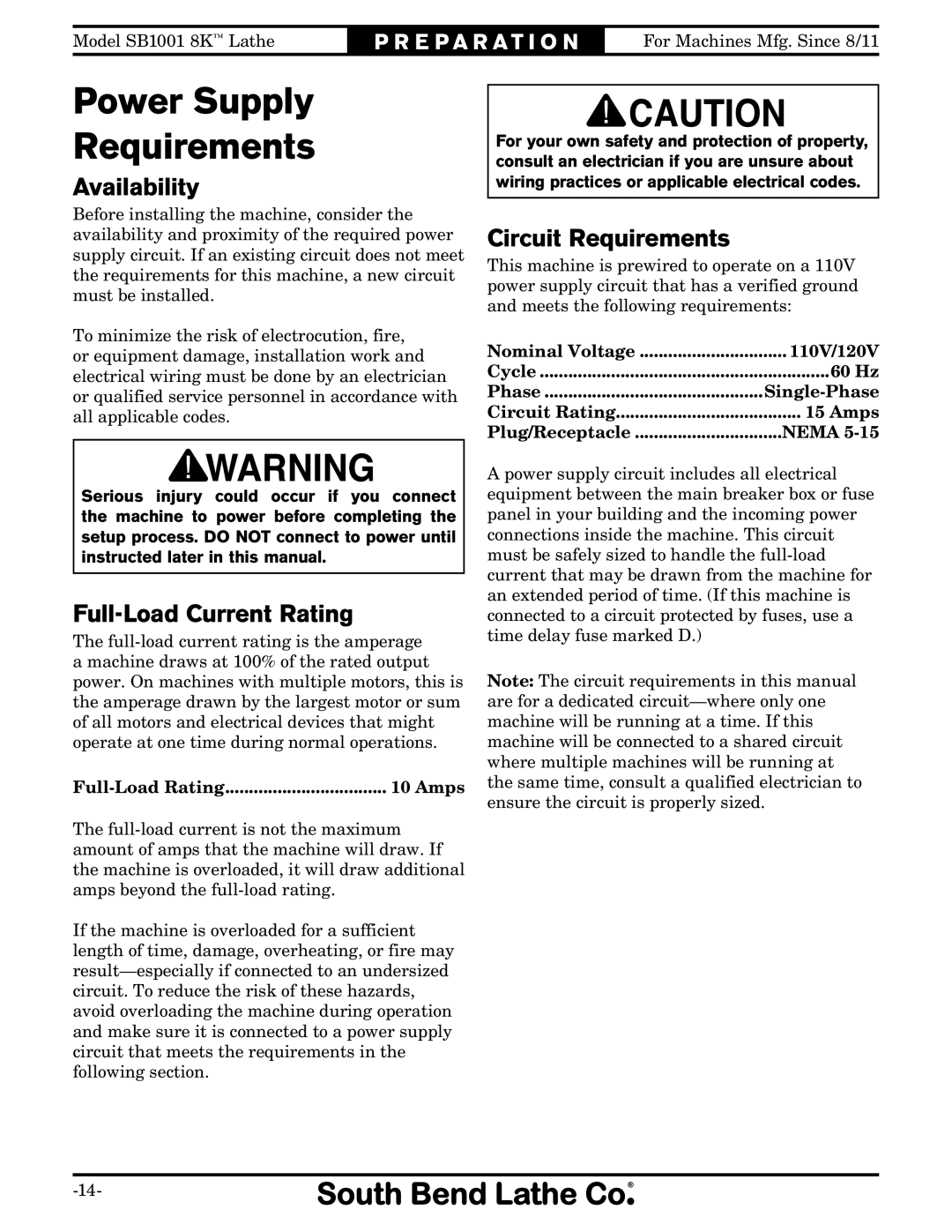 Southbend SB1001 owner manual Power Supply Requirements, Availability, Full-Load Current Rating, Circuit Requirements 