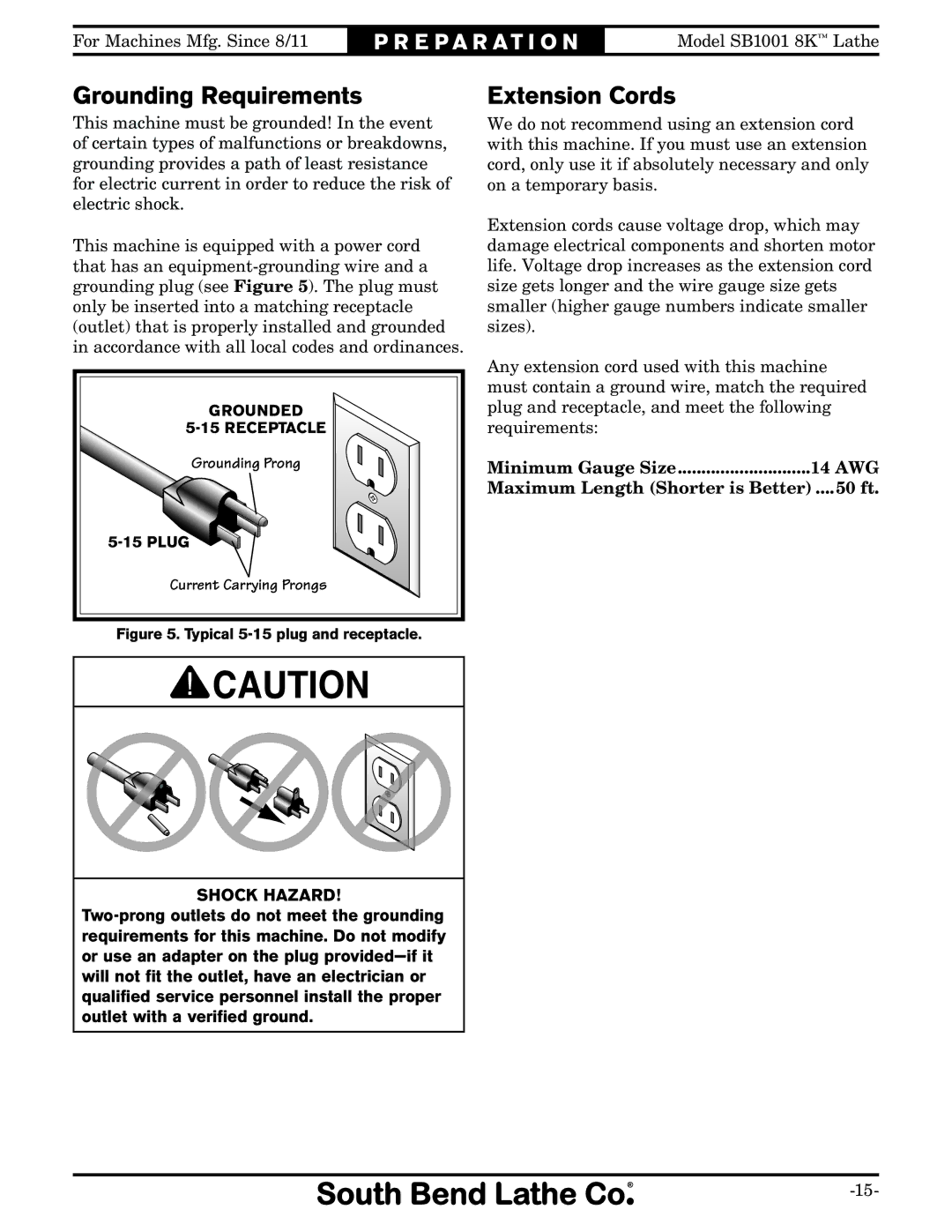 Southbend SB1001 owner manual Grounding Requirements, Extension Cords 