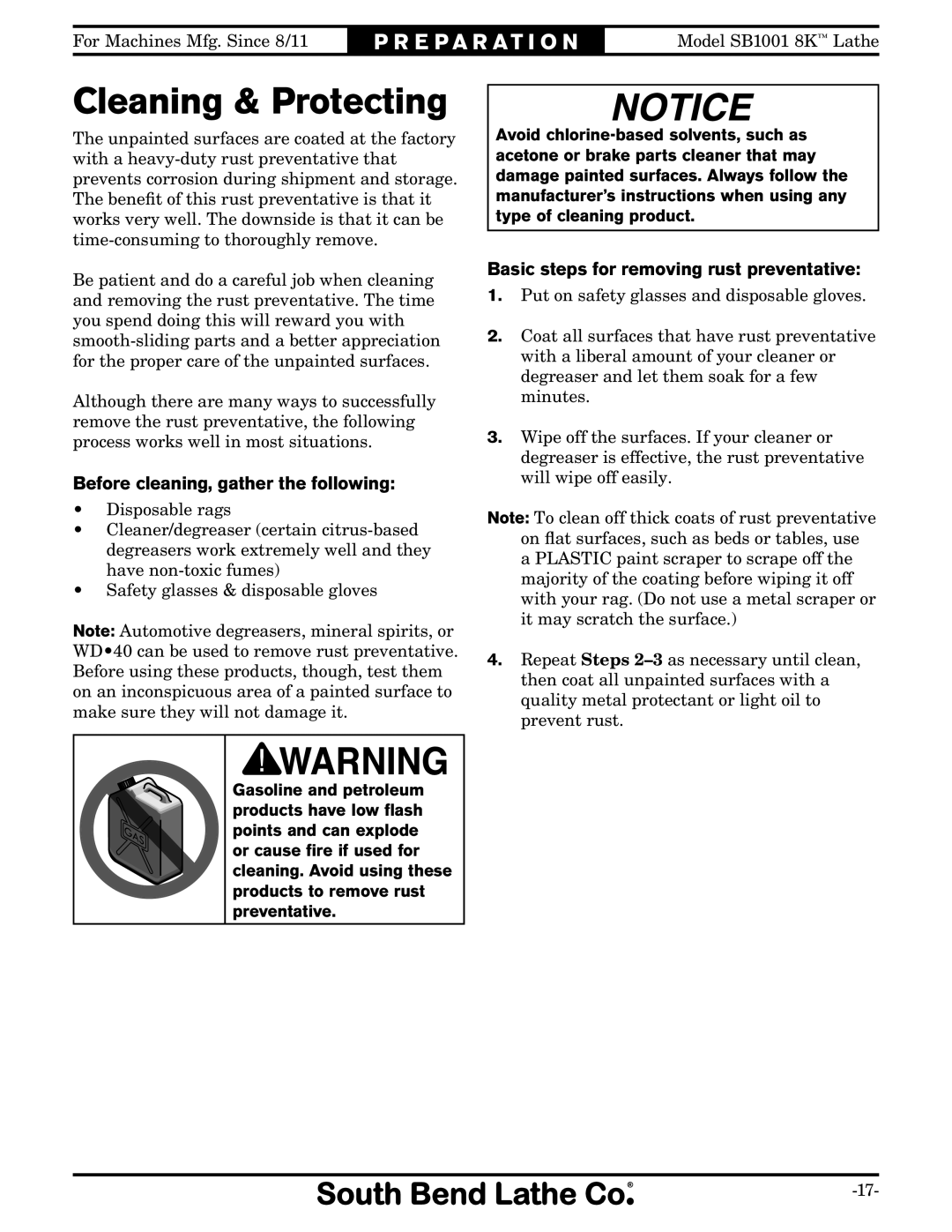 Southbend SB1001 Cleaning & Protecting, Before cleaning, gather the following, Basic steps for removing rust preventative 