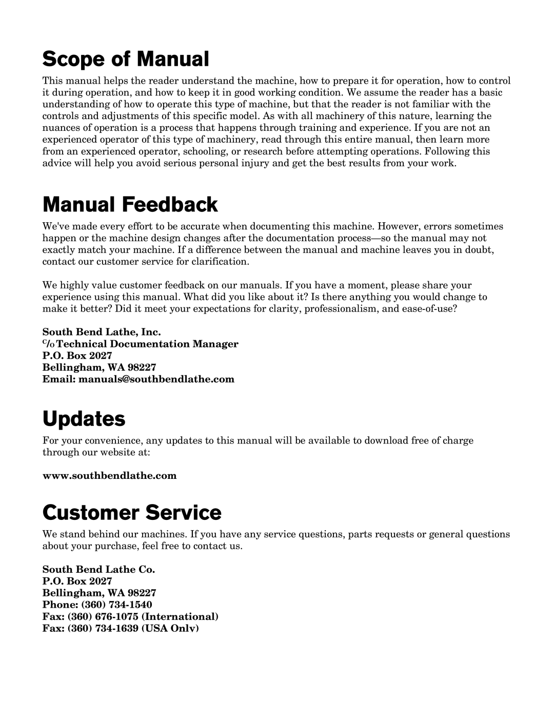 Southbend SB1001 owner manual Scope of Manual, Manual Feedback, Updates, Customer Service 