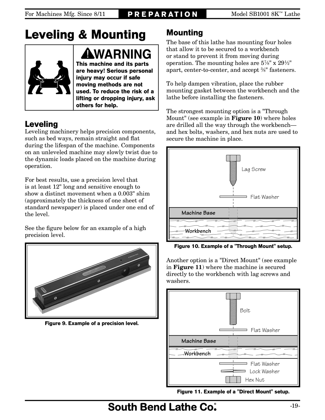 Southbend SB1001 owner manual Leveling & Mounting, Machine Base Work bench, Machine Base Workbench 