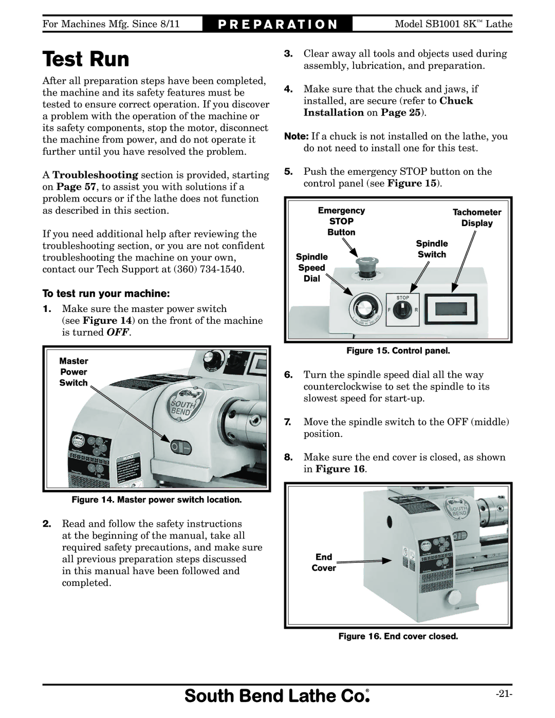 Southbend SB1001 owner manual Test Run, To test run your machine 