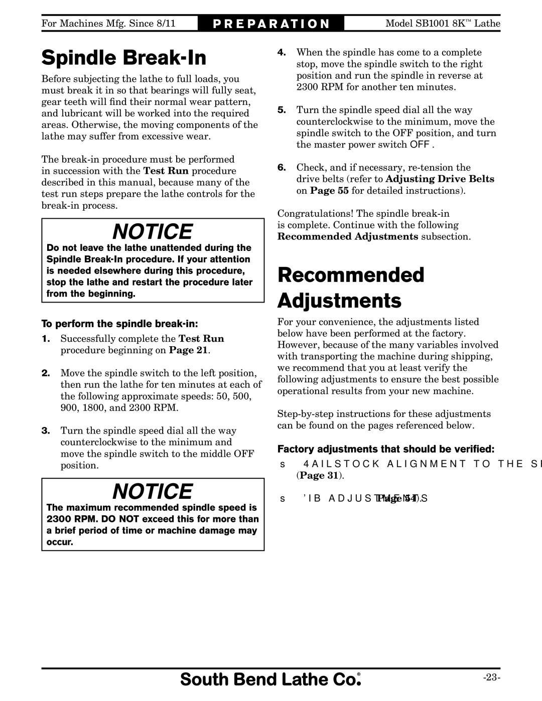 Southbend SB1001 owner manual Spindle Break-In, Recommended Adjustments, To perform the spindle break-in 