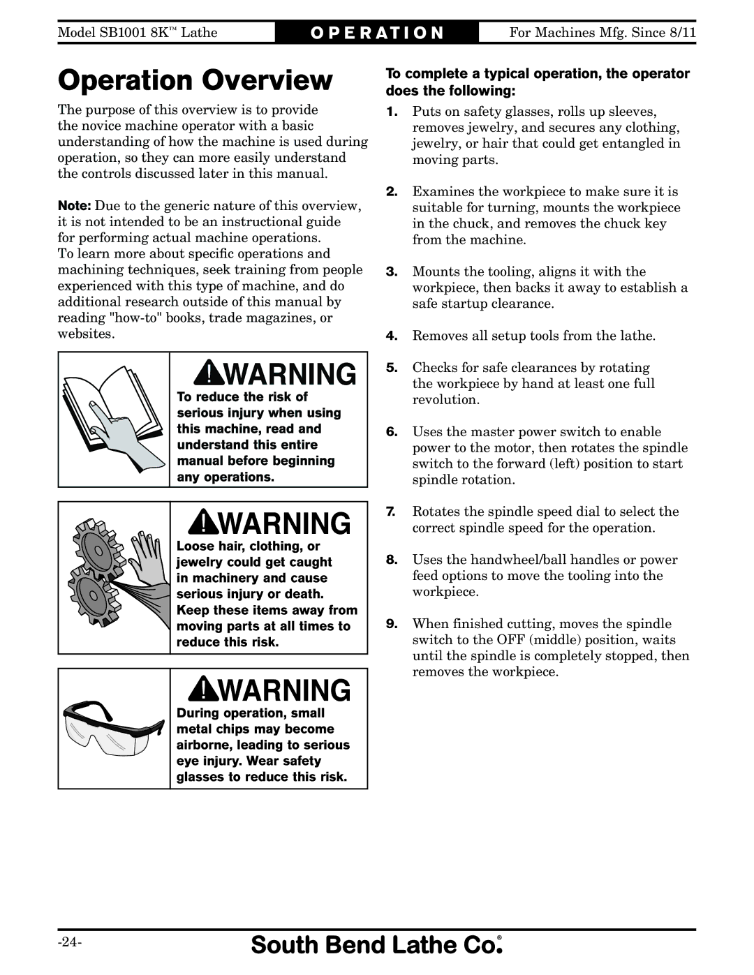 Southbend SB1001 owner manual Operation Overview 