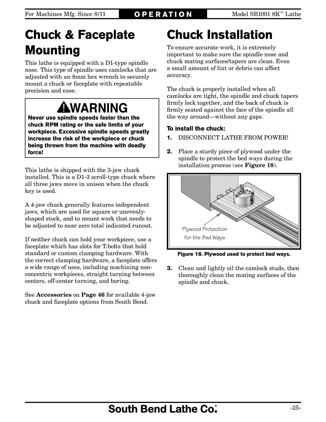 Southbend SB1001 owner manual Chuck Installation, To install the chuck 