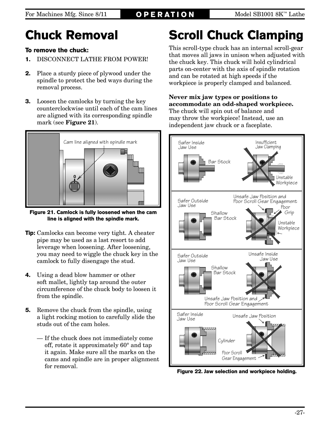 Southbend SB1001 owner manual Chuck Removal, Scroll Chuck Clamping, To remove the chuck 