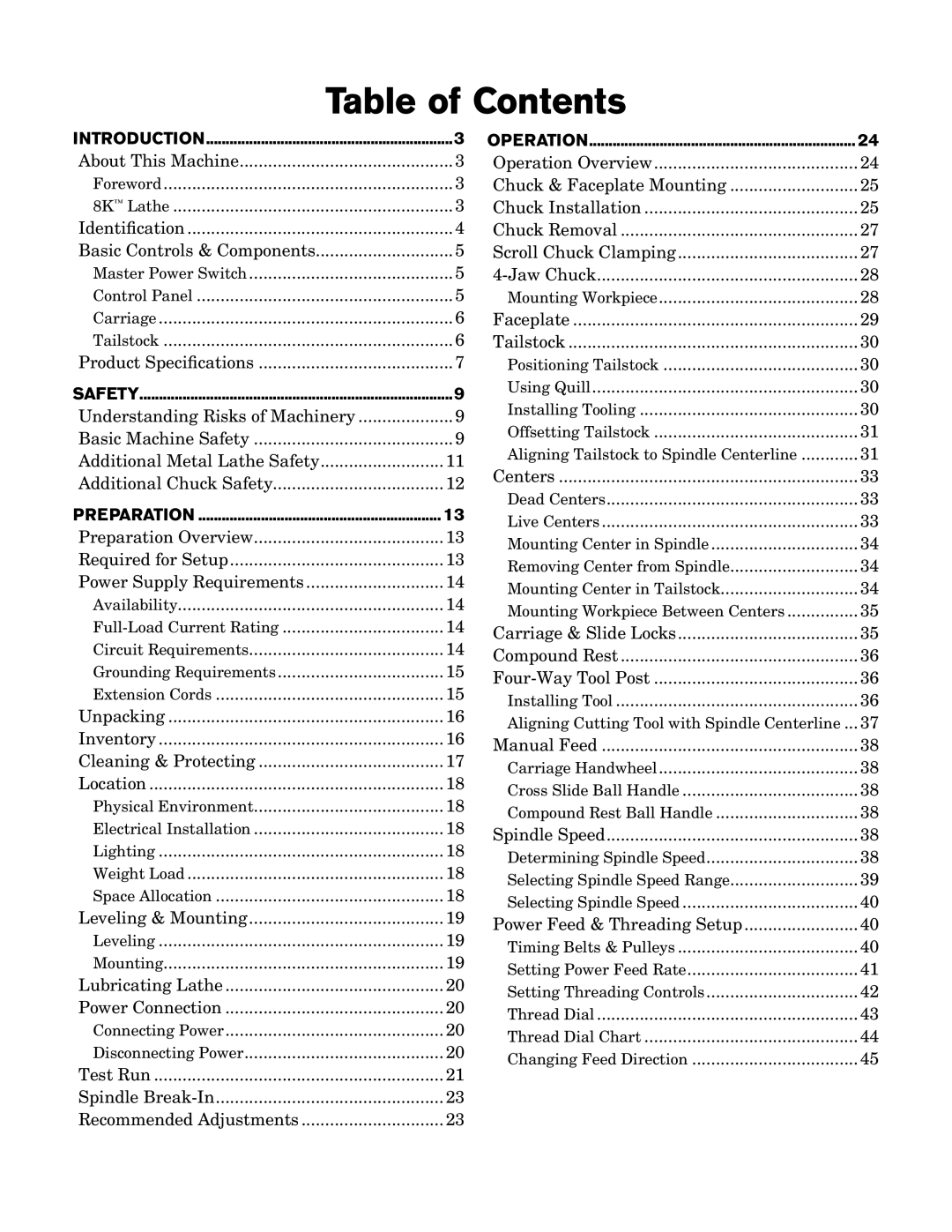 Southbend SB1001 owner manual Table of Contents 