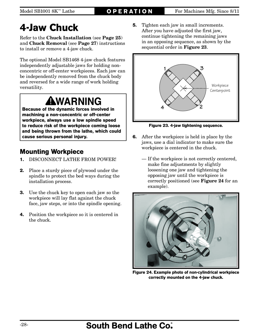 Southbend SB1001 owner manual Jaw Chuck, Mounting Workpiece 