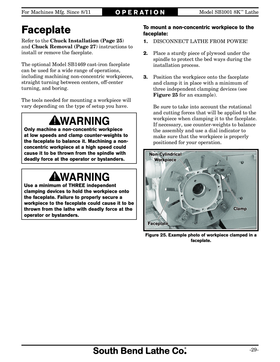 Southbend SB1001 owner manual Faceplate, To mount a non-concentric workpiece to the faceplate 