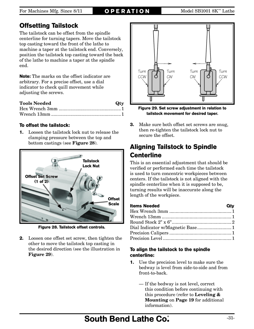 Southbend SB1001 Offsetting Tailstock, Aligning Tailstock to Spindle Centerline, To offset the tailstock, Items Needed Qty 