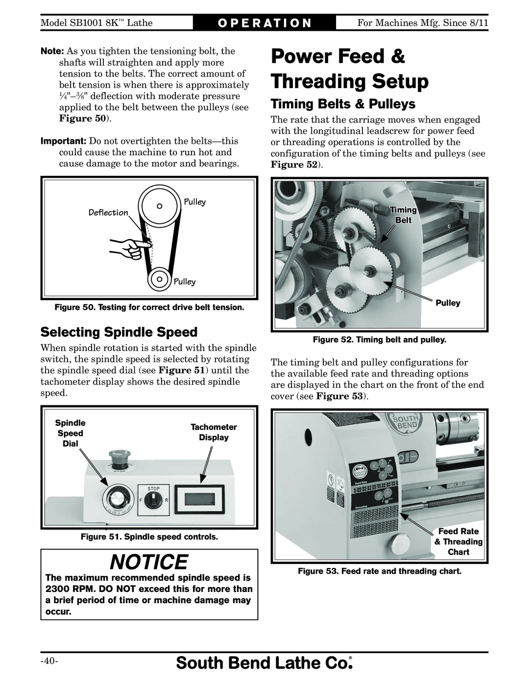 Southbend SB1001 Power Feed Threading Setup, Selecting Spindle Speed, Timing Belts & Pulleys, Pulley Deflection 