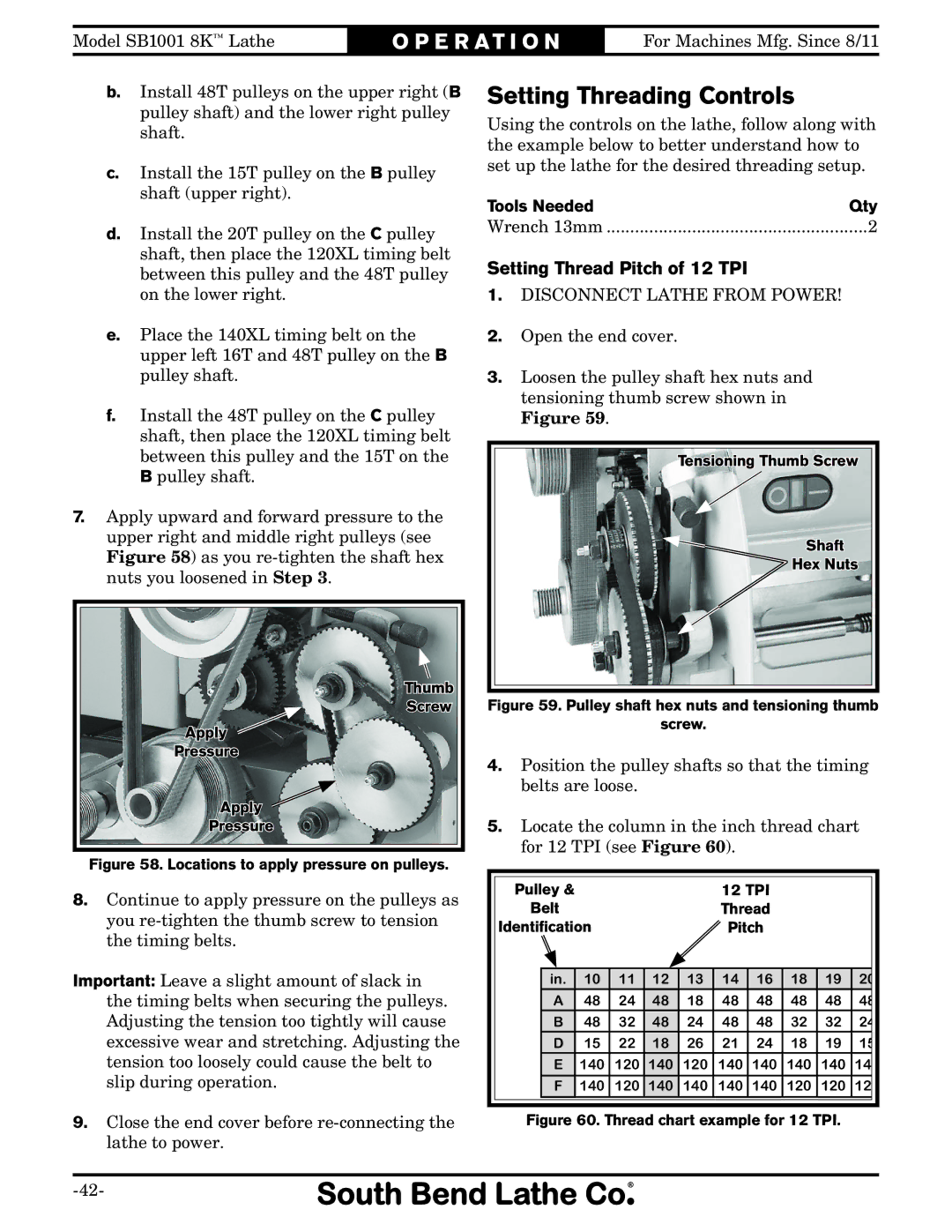 Southbend SB1001 owner manual Setting Threading Controls, Setting Thread Pitch of 12 TPI 