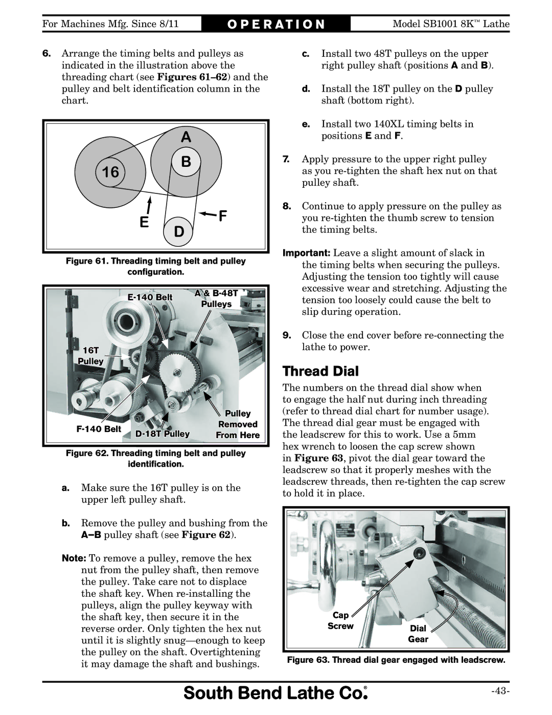 Southbend SB1001 owner manual 16 B, Thread Dial 