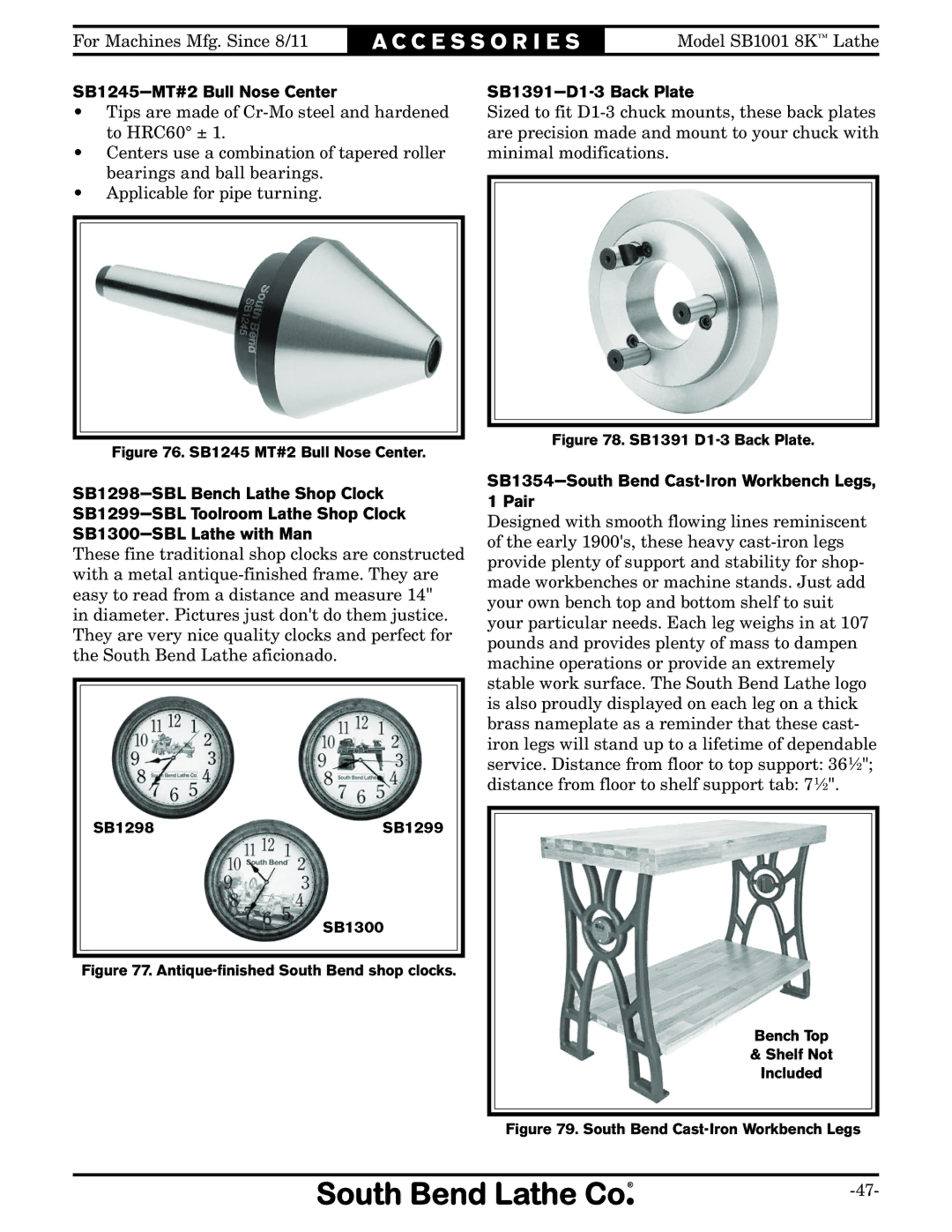 Southbend SB1001 SB1245-MT#2 Bull Nose Center, SB1391-D1-3 Back Plate, SB1354-South Bend Cast-Iron Workbench Legs, 1 Pair 